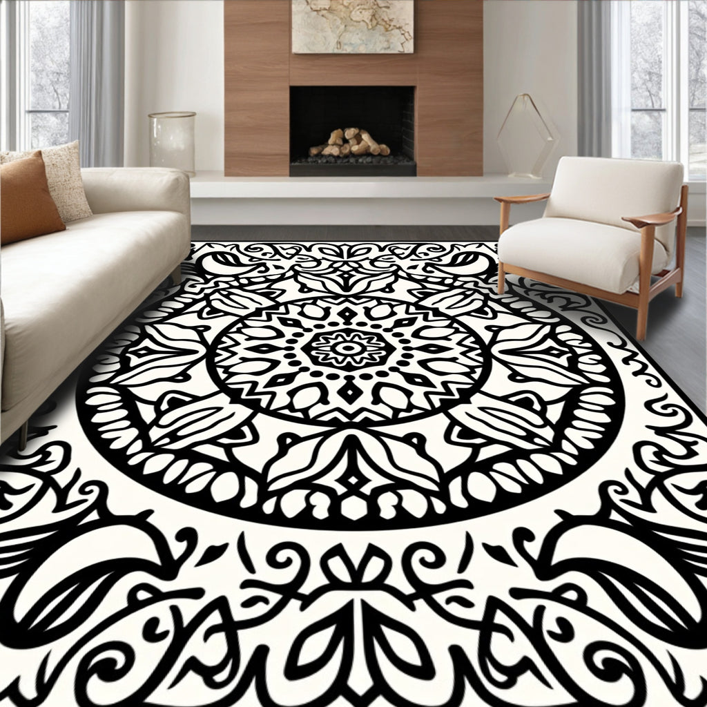 Black White Ornamental Circle Pattern Rug
