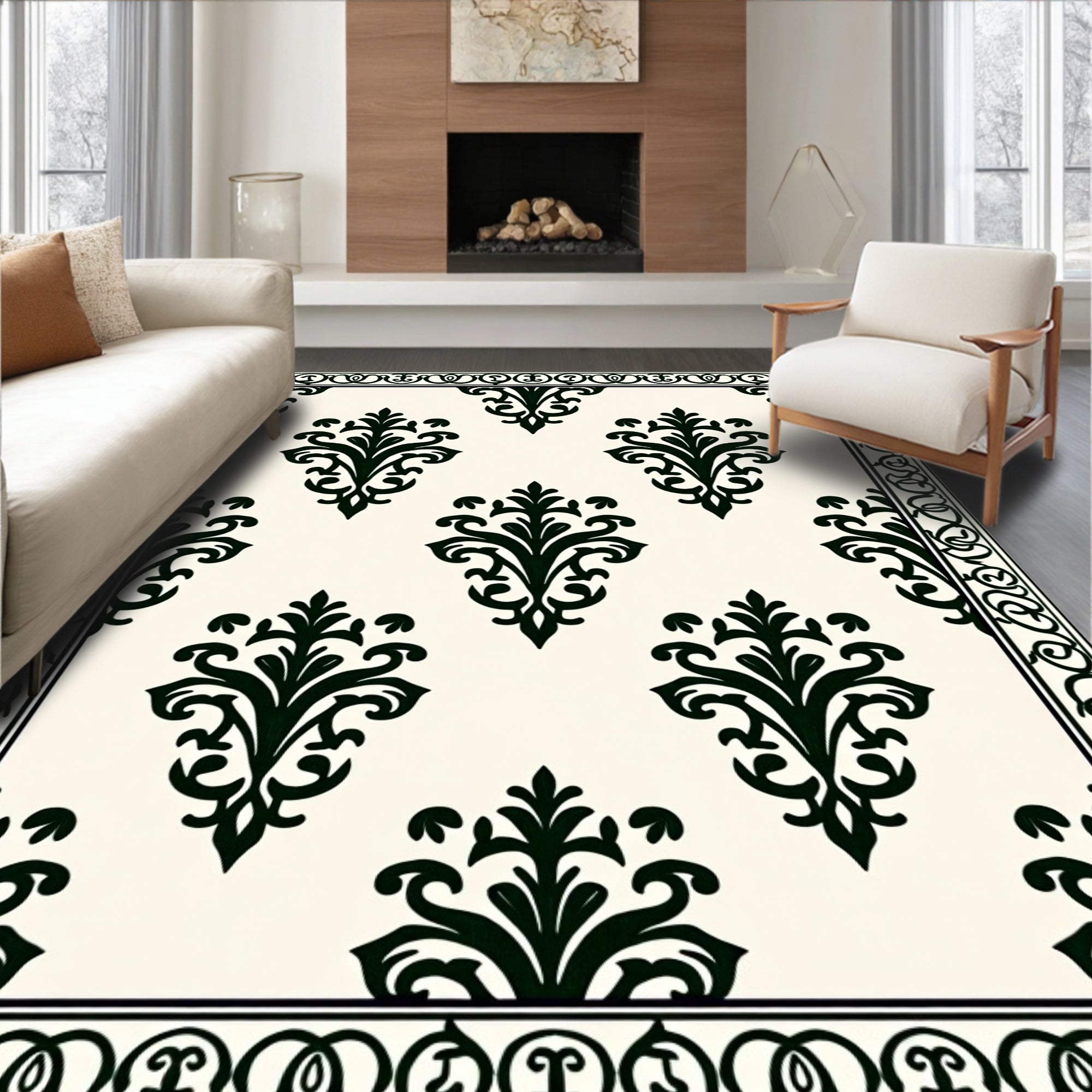 Classic Black Damask Floral Pattern Rug