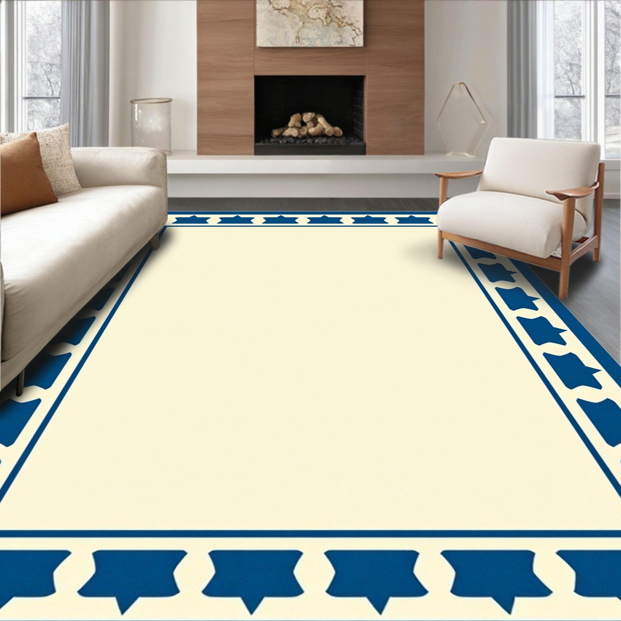 Geometric Star Border Blue Ivory Rug