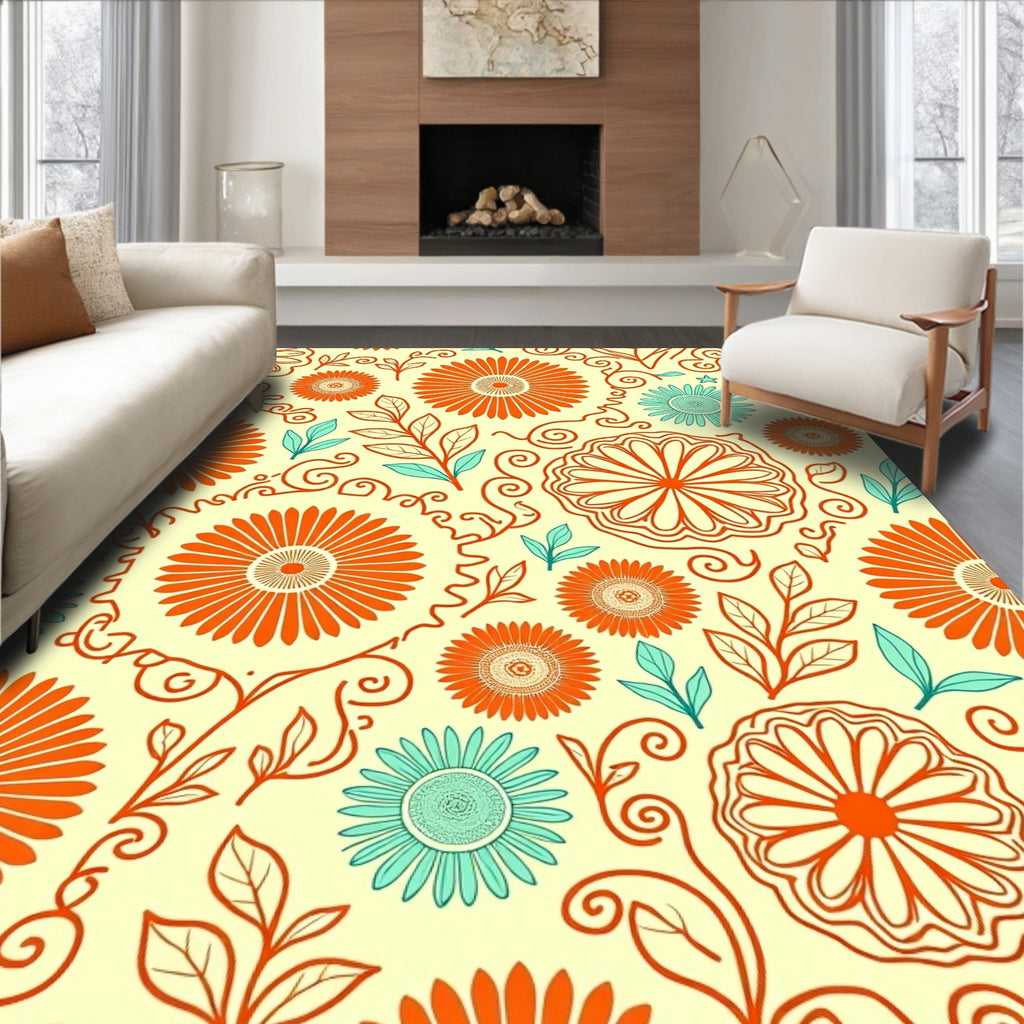 Orange Teal Floral Swirl Pattern Rug