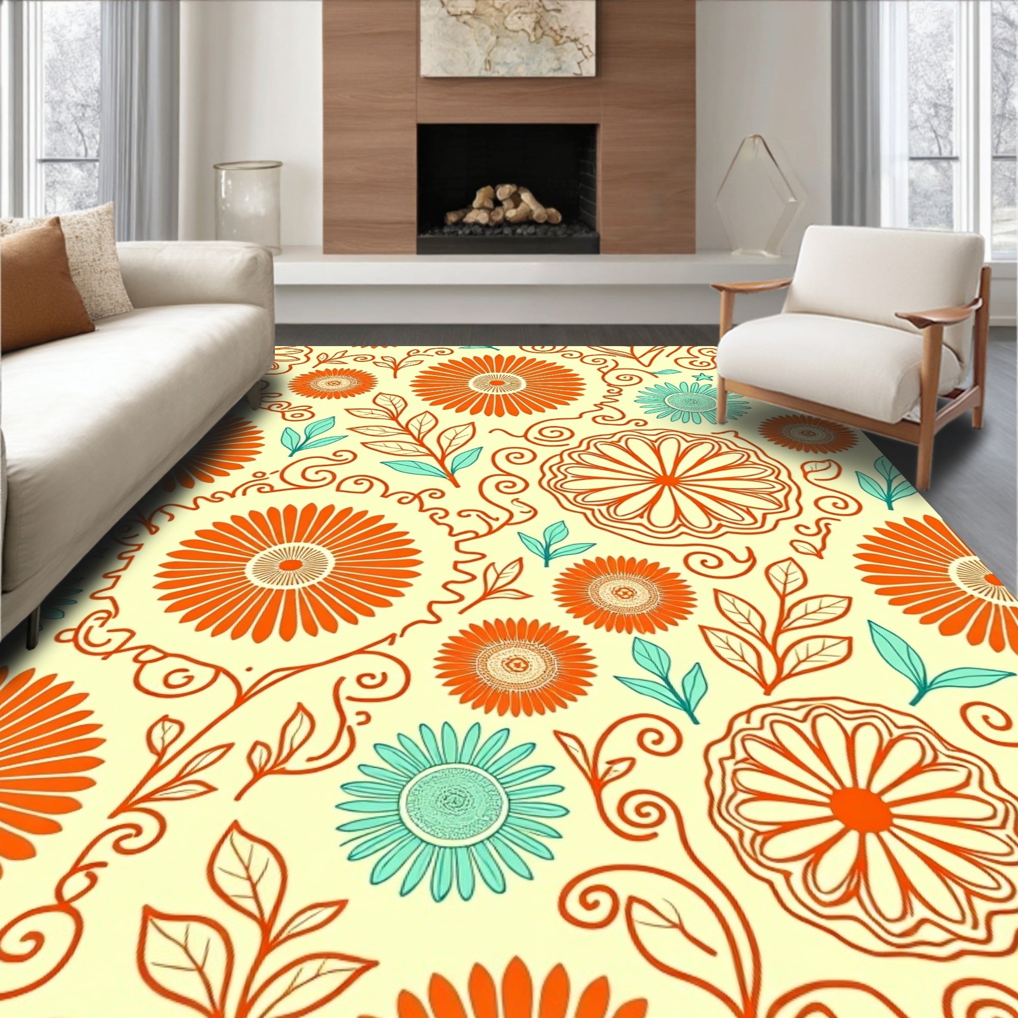 Orange Teal Floral Swirl Pattern Rug