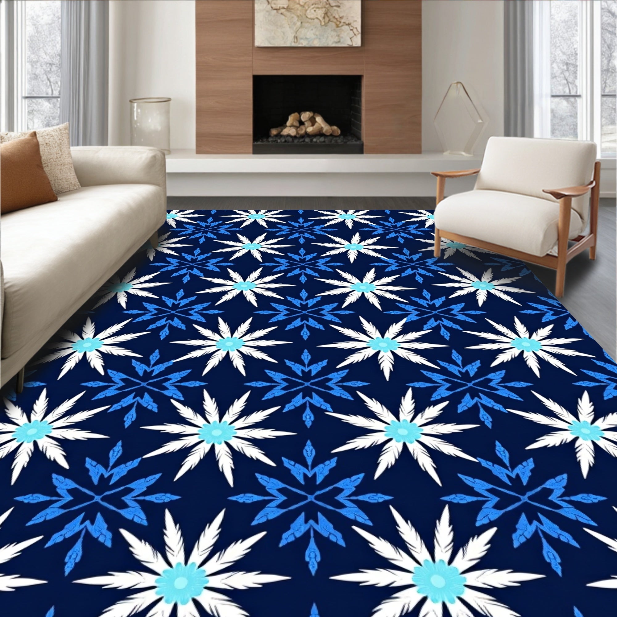 Navy Blue White Starburst Snowflake Rug