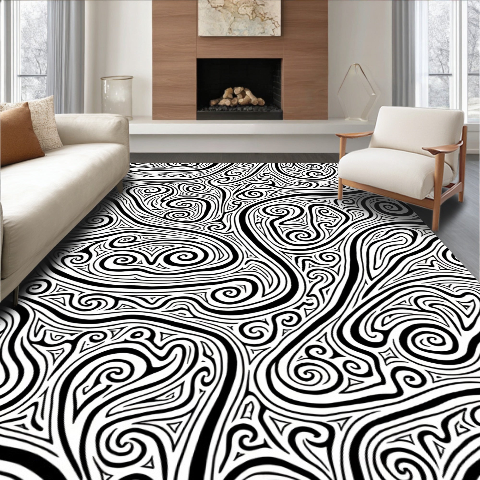 Abstract Swirls Black And White Design Rug