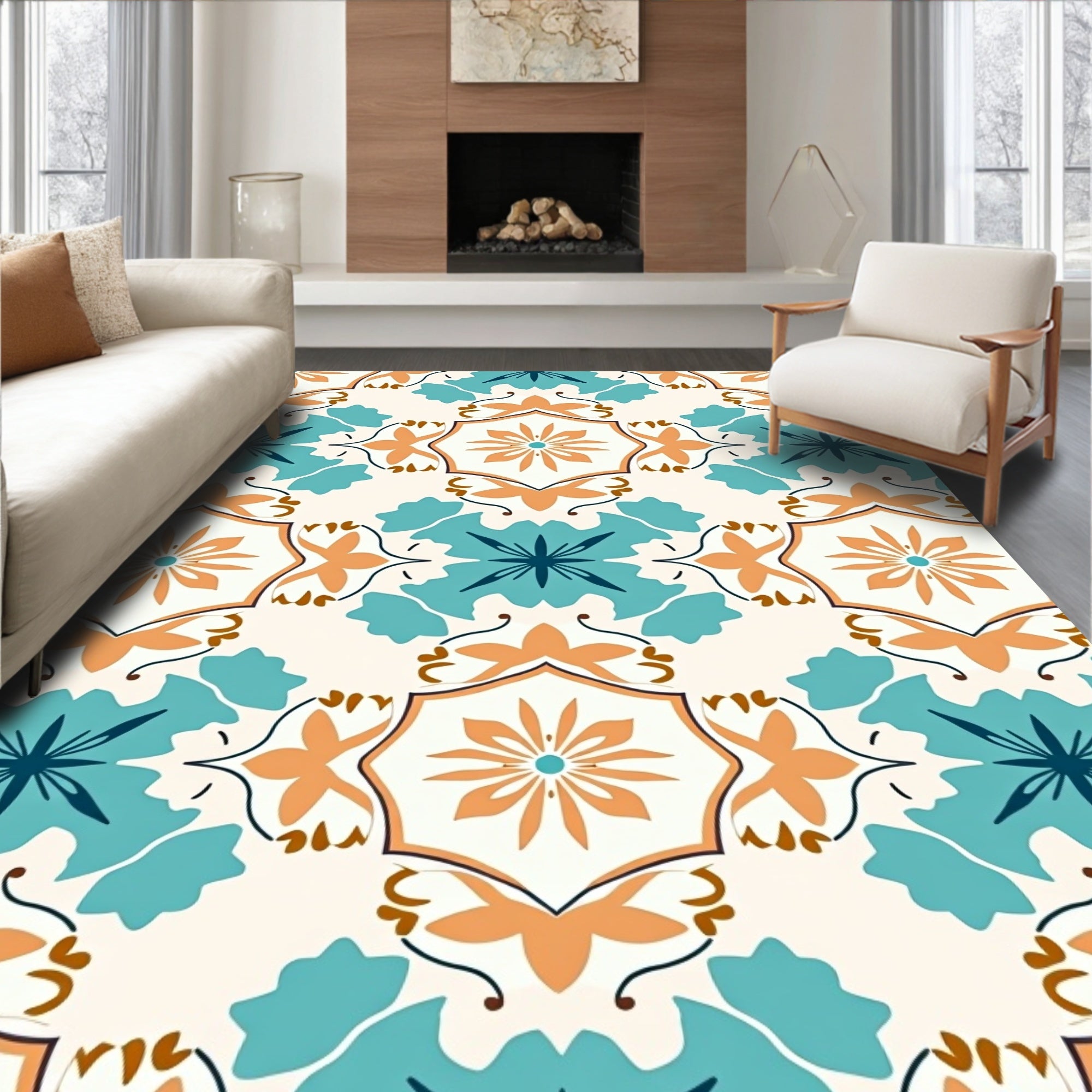 Intricate Teal Orange Tile Inspired Pattern Rug