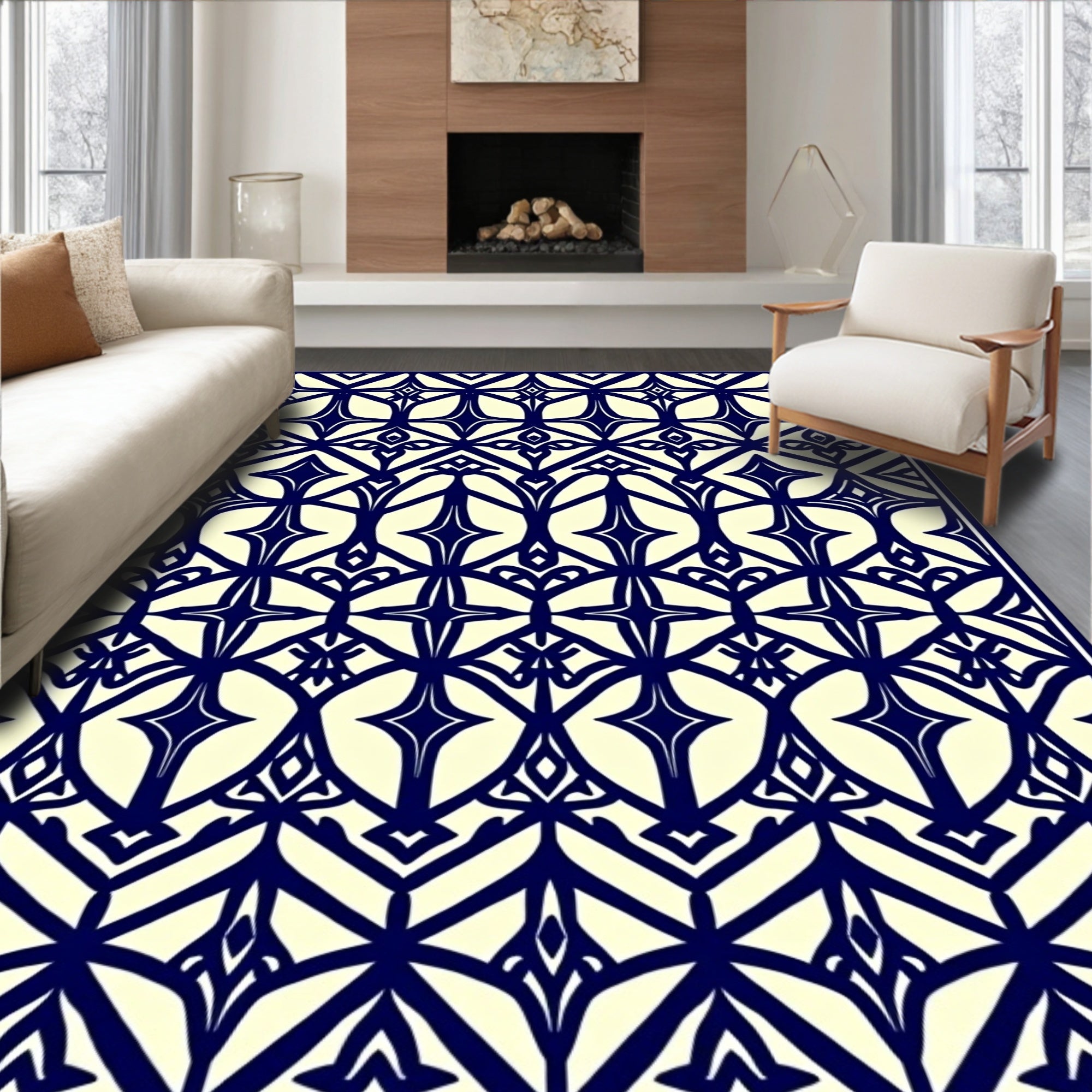 Navy And Cream Geometric Pattern Rug