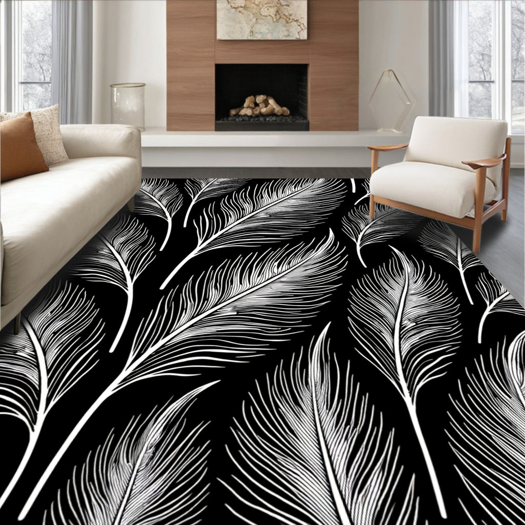 Elegant White Feathers Black Pattern Rug