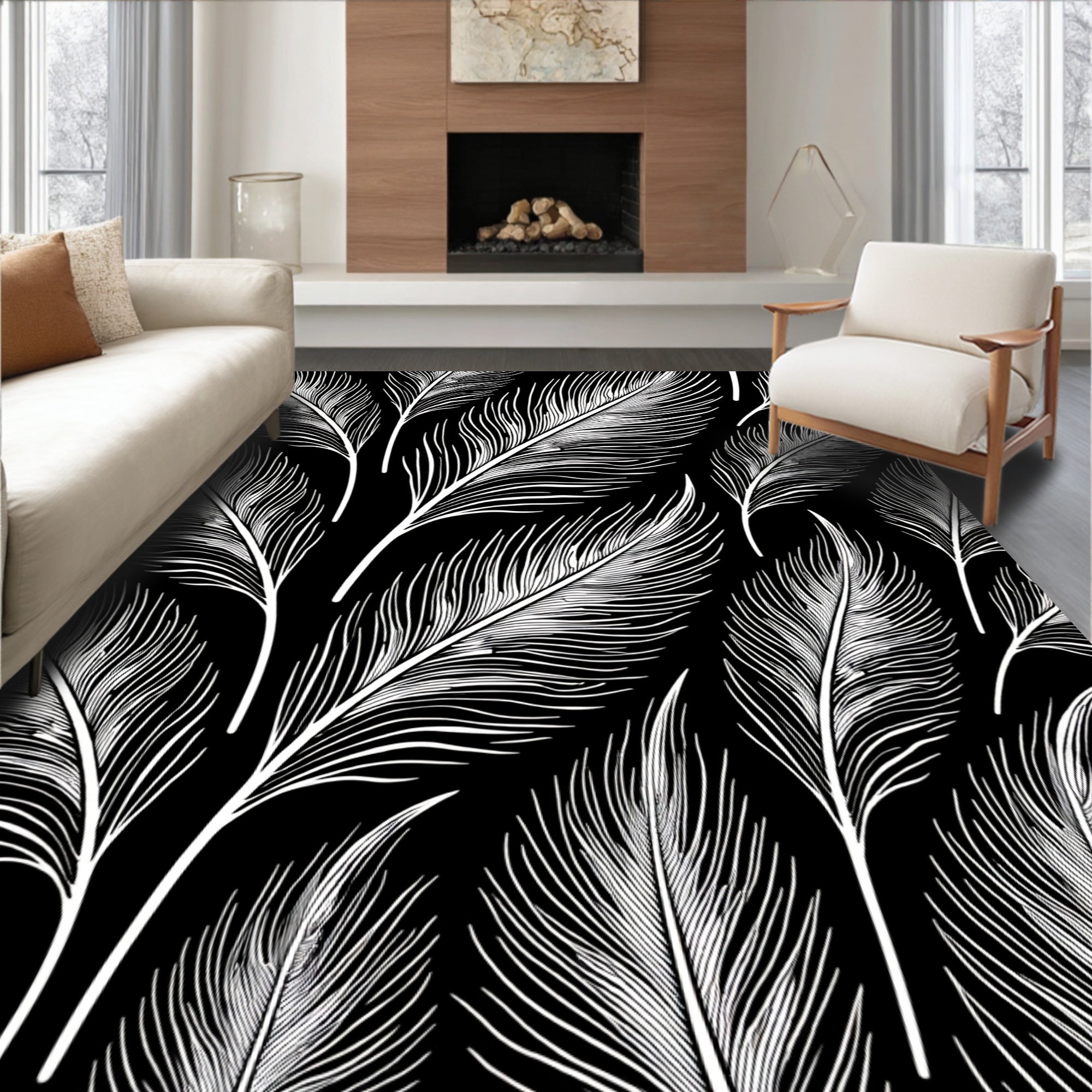 Elegant White Feathers Black Pattern Rug