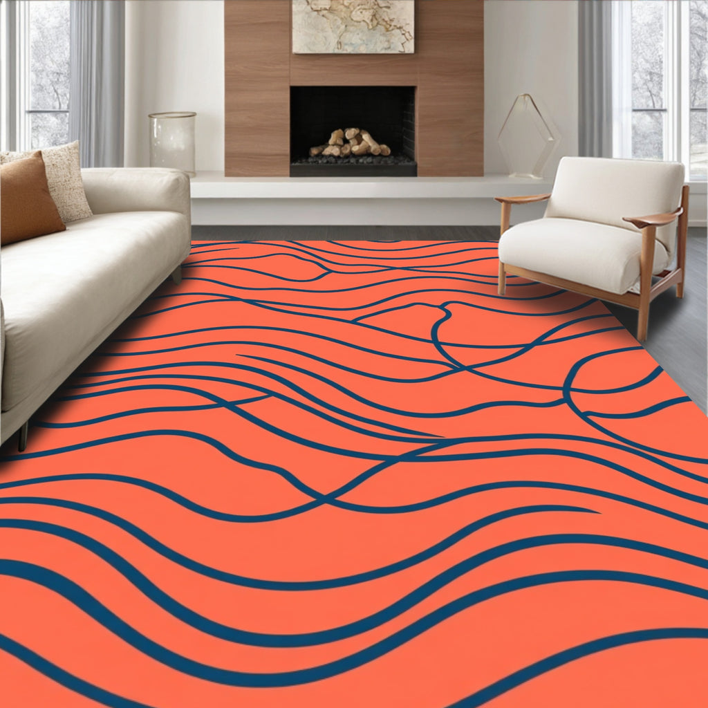 Coral Blue Abstract Wavy Line Rug