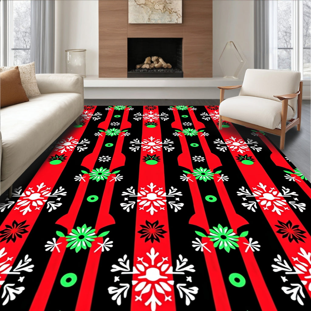 Festive Stripe Snowflake Floral Design Rug
