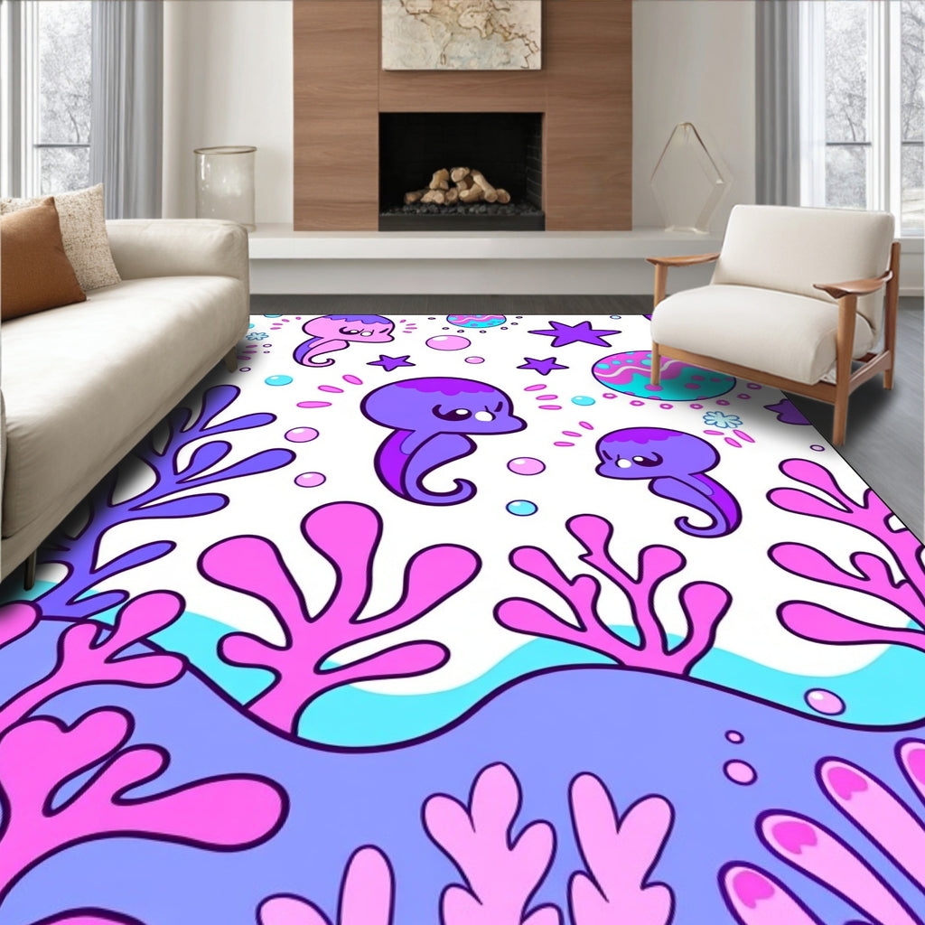 Playful Sea Creatures Coral Pattern Rug