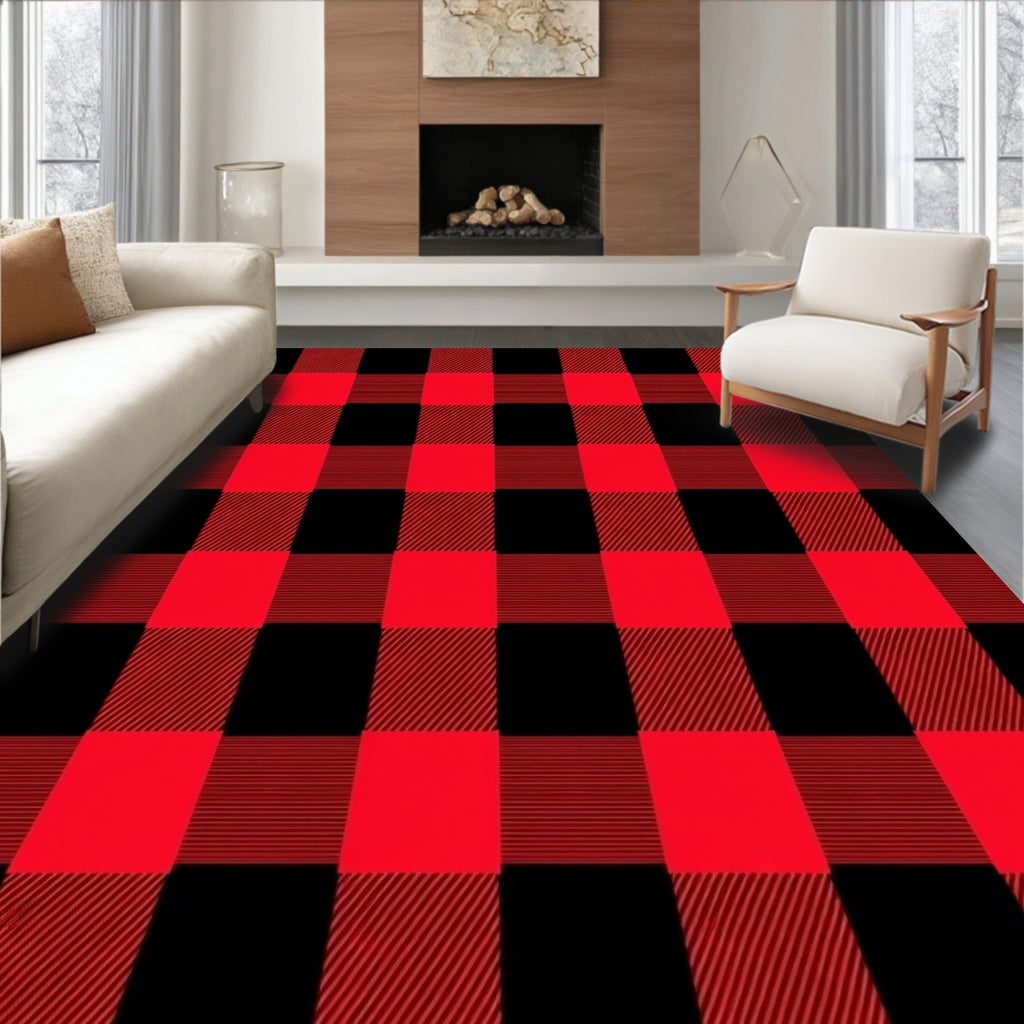 Classic Red Black Gingham Pattern Rug