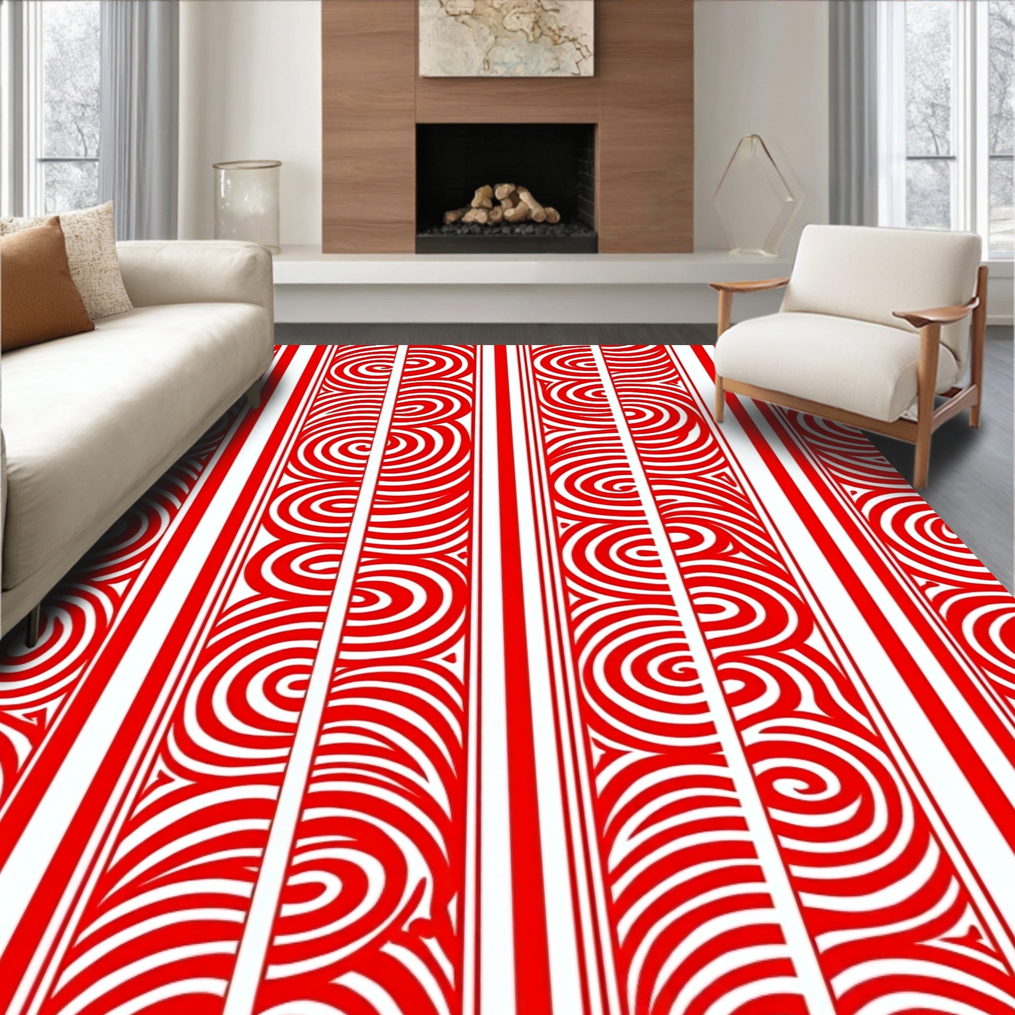 Red White Swirl Striped Pattern Rug