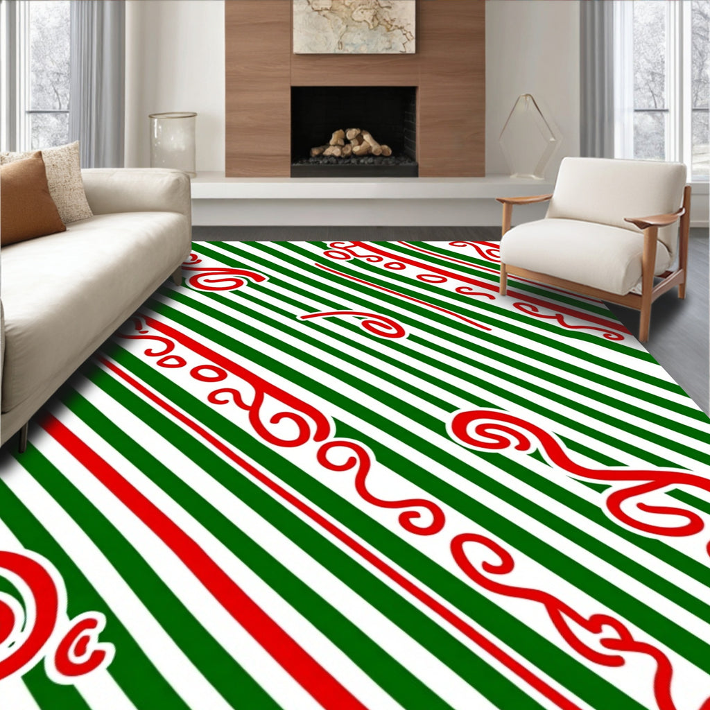 Red Swirl Green Stripe Diagonal Rug