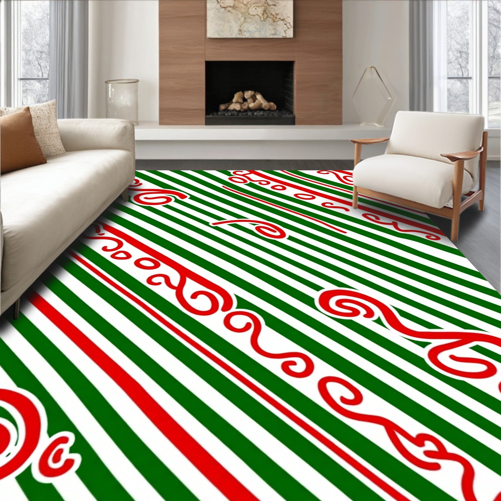 Red Swirl Green Stripe Diagonal Rug