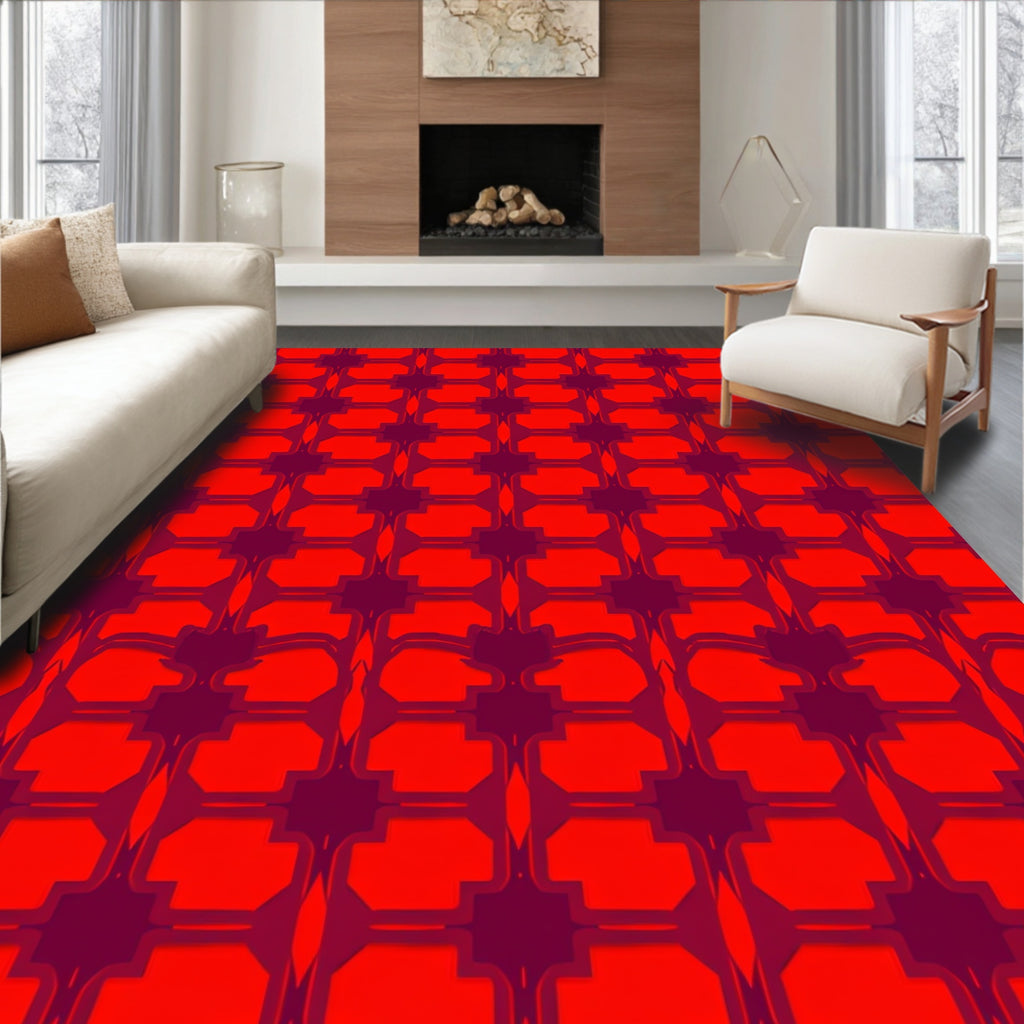 Bold Red Geometric Lattice Rug