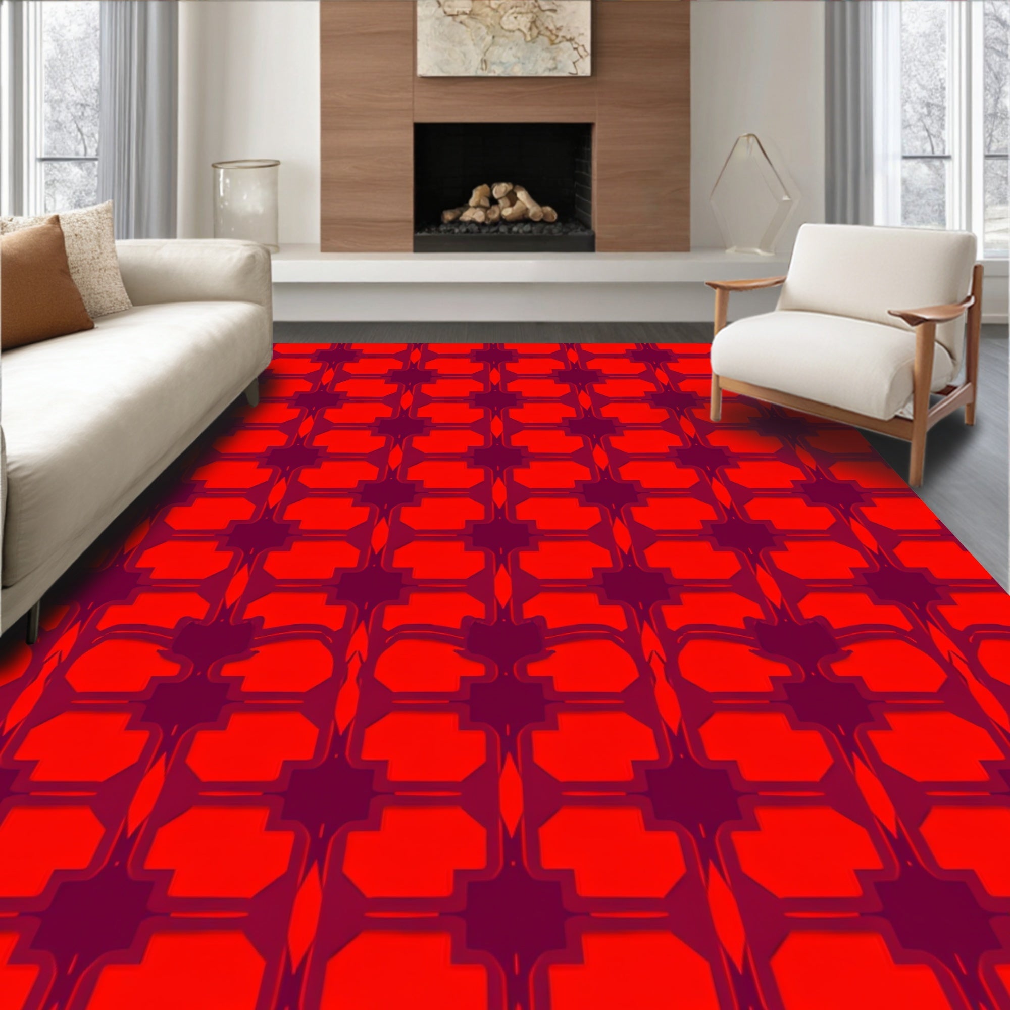 Bold Red Geometric Lattice Rug