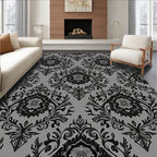Black Gray Damask Floral Pattern Rug