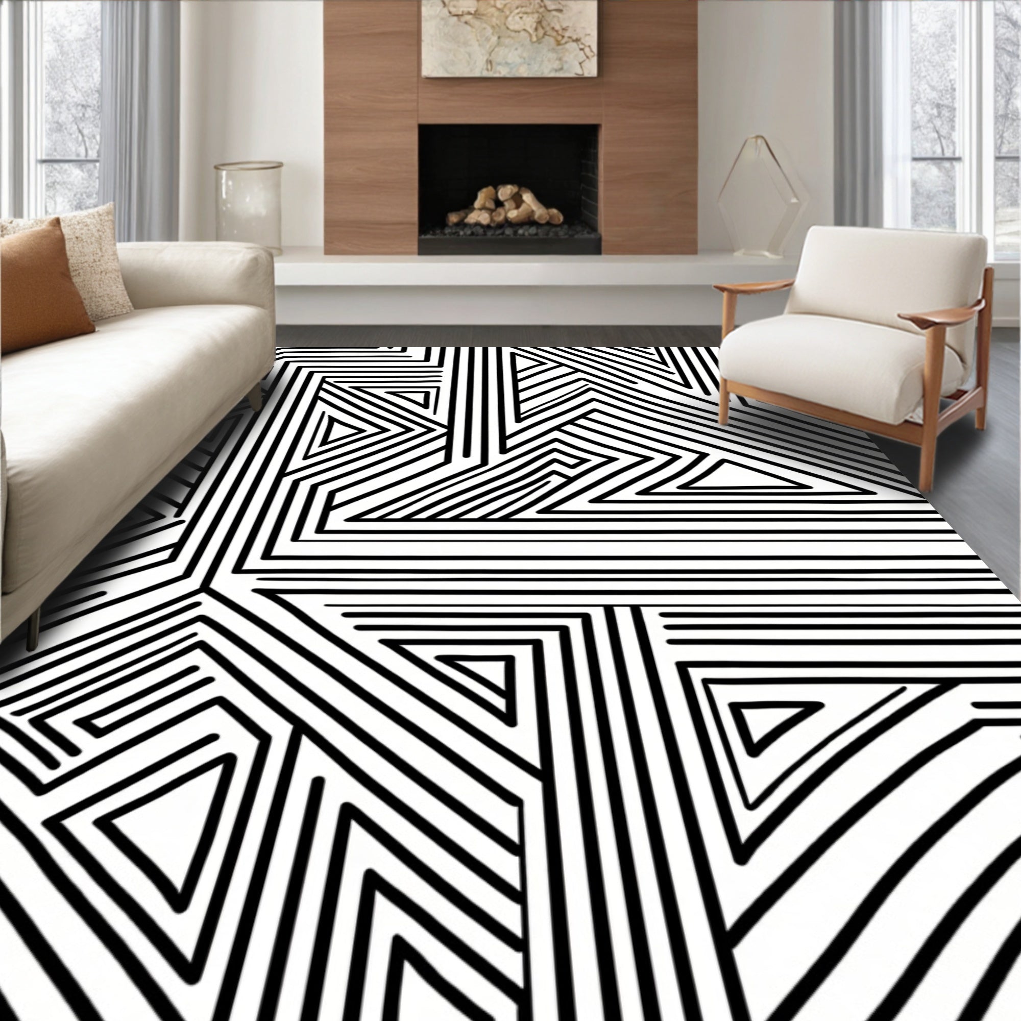 Abstract Black White Geometric Stripe Rug