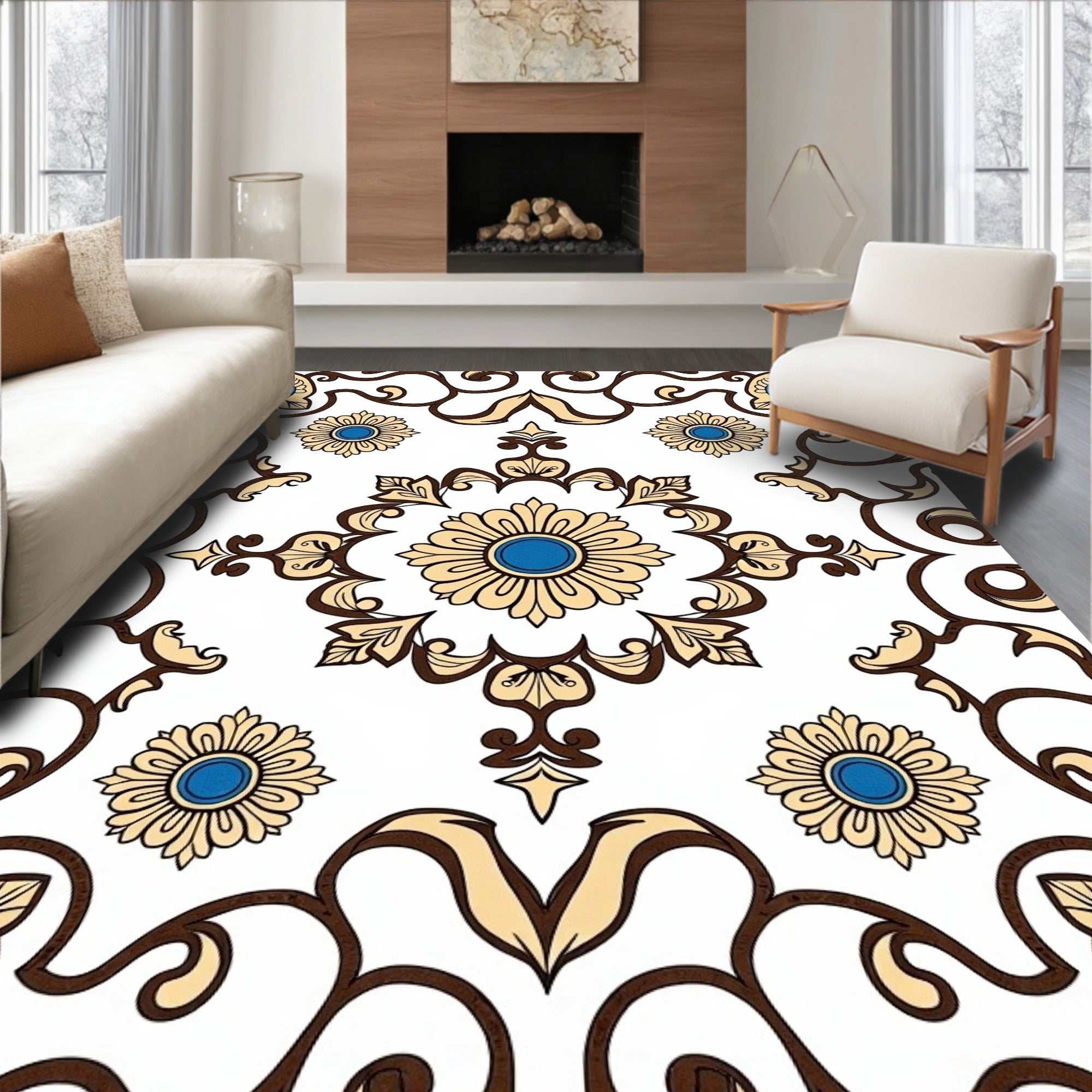 Elegant Gold Blue Floral Scroll Rug