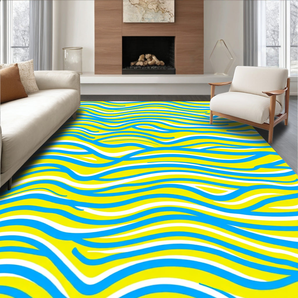 Yellow Blue White Wavy Lines Pattern Rug