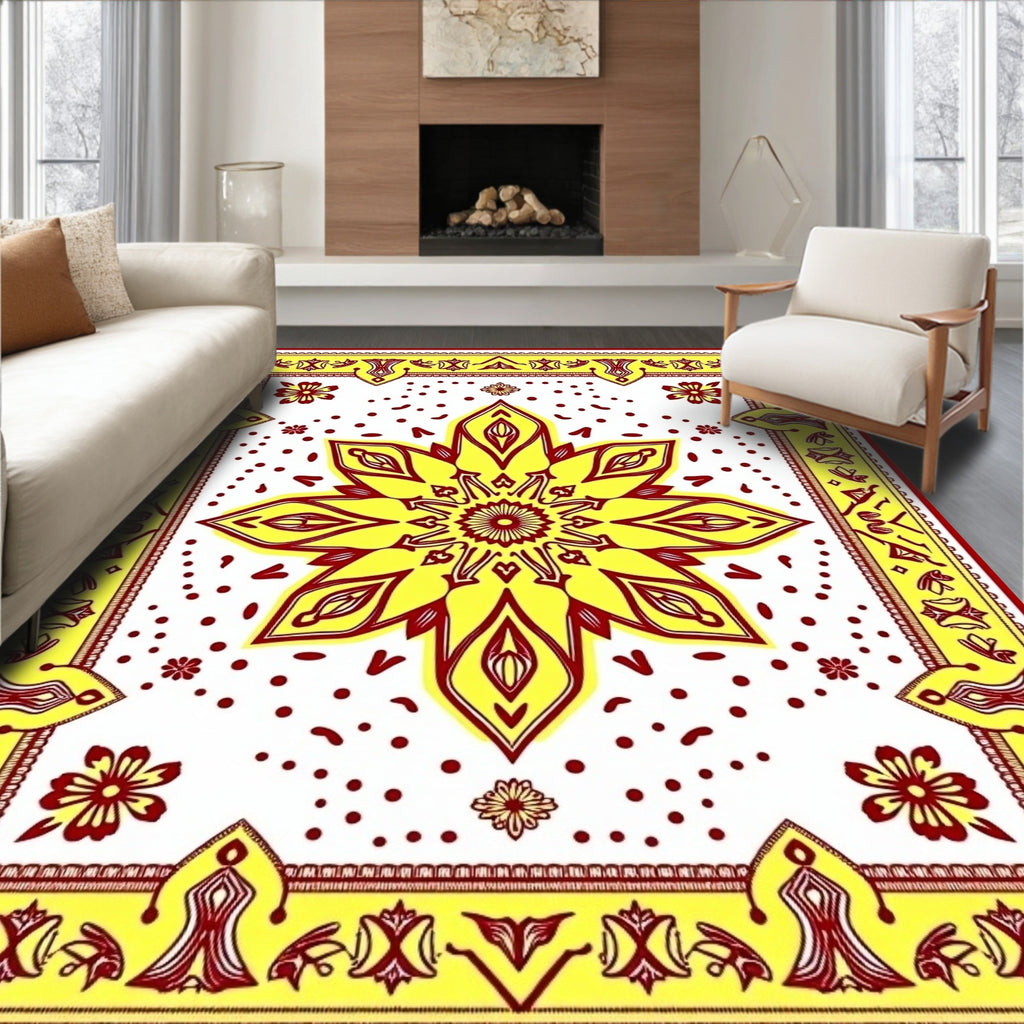 Bright Yellow Red Floral Mandala Design Rug