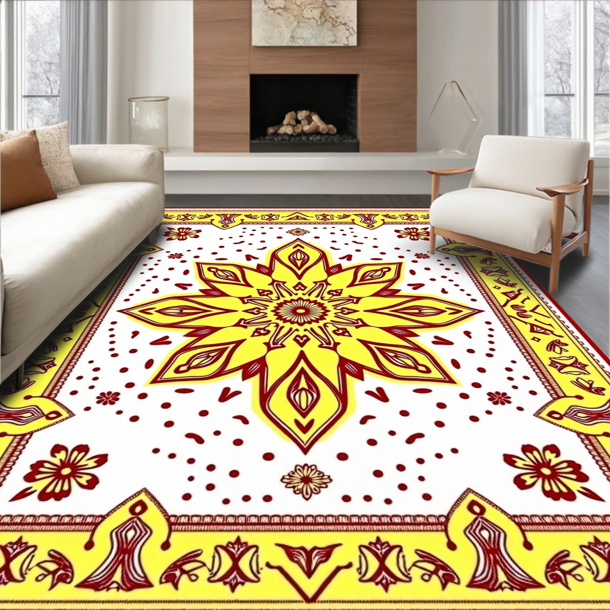 Bright Yellow Red Floral Mandala Design Rug