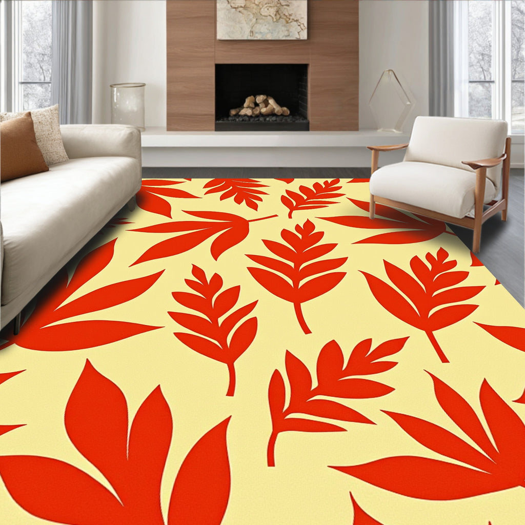 Bold Red Leaf Pattern Design Rug