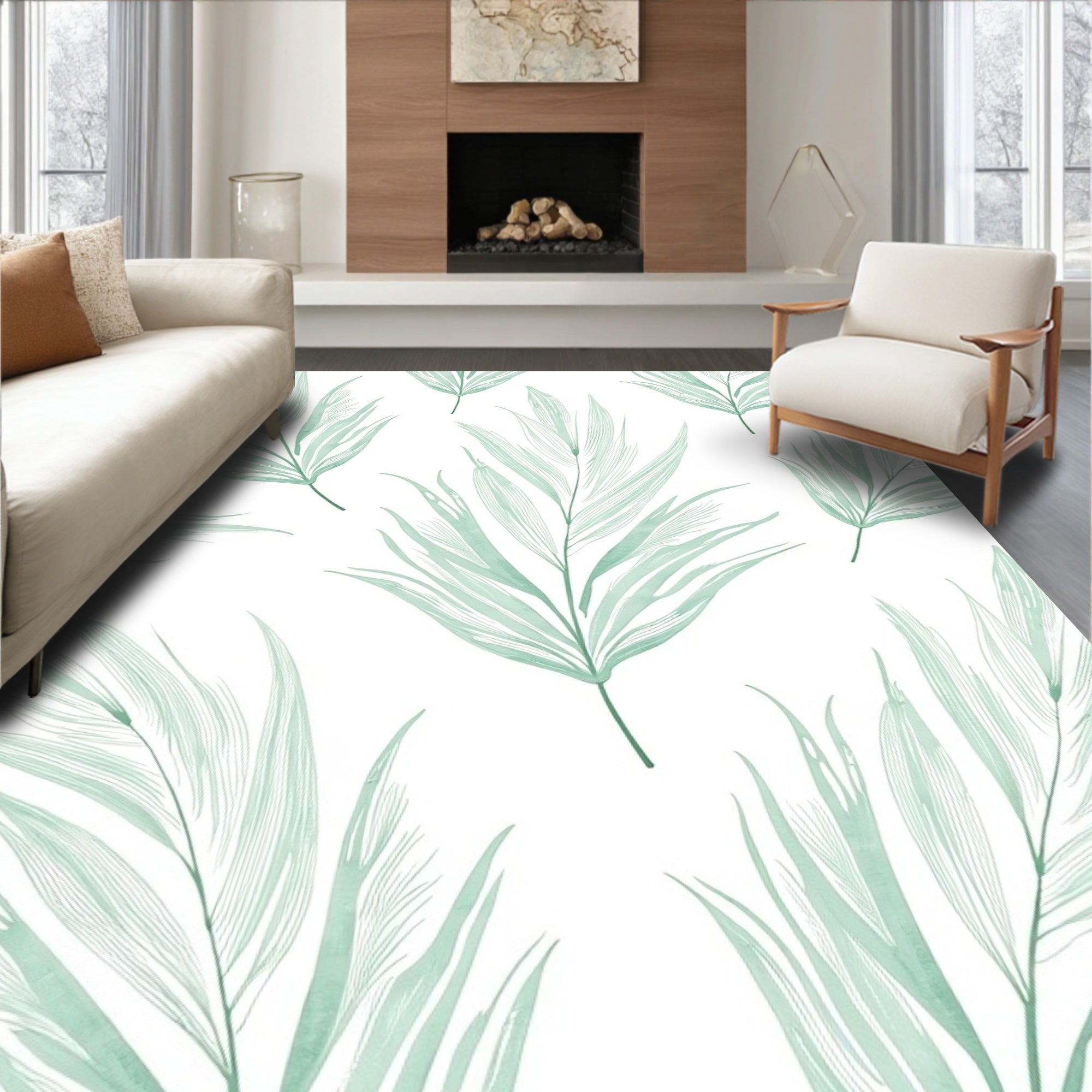 Light Green Palm Leaf Pattern Rug