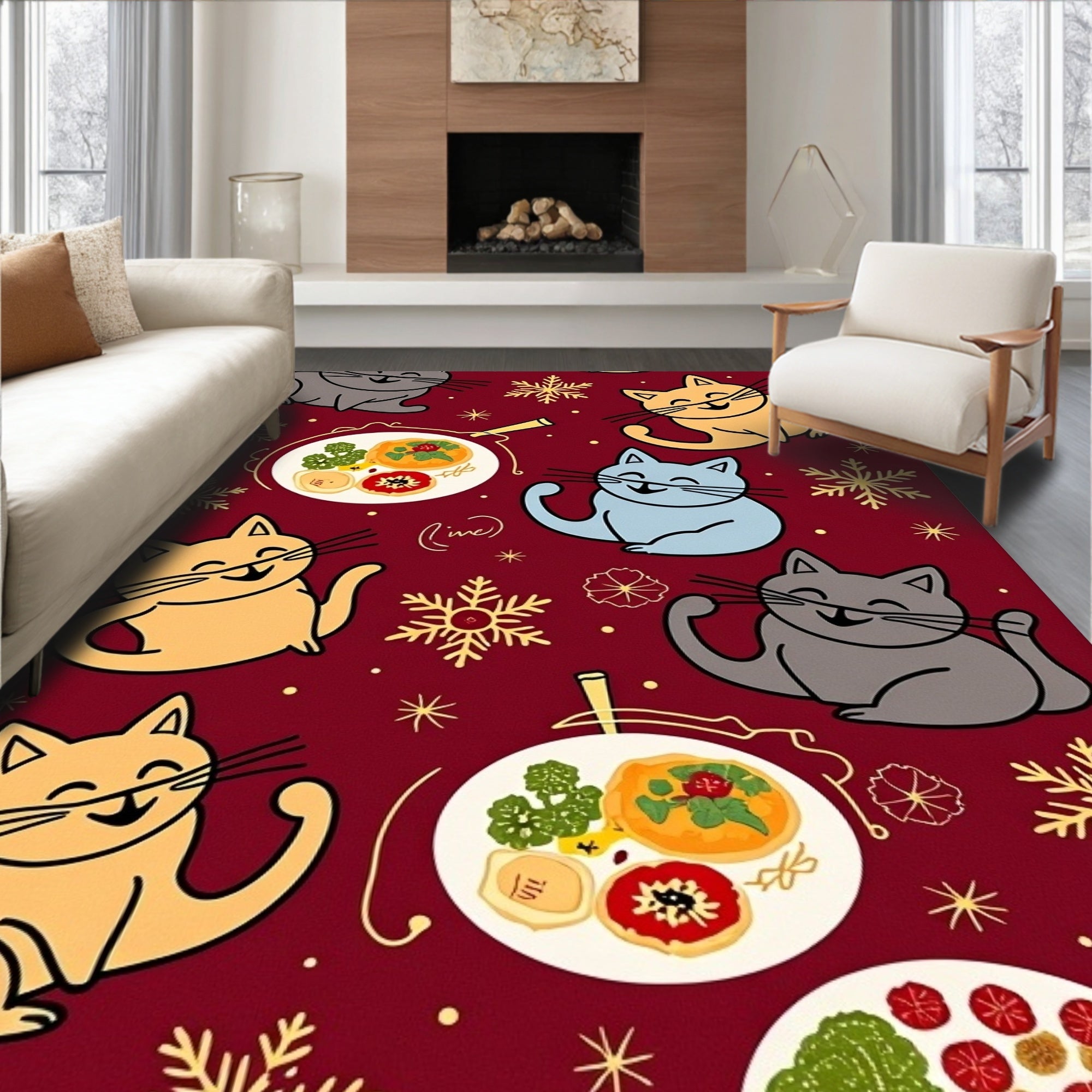 Festive Whimsical Cat Food Pattern Rug