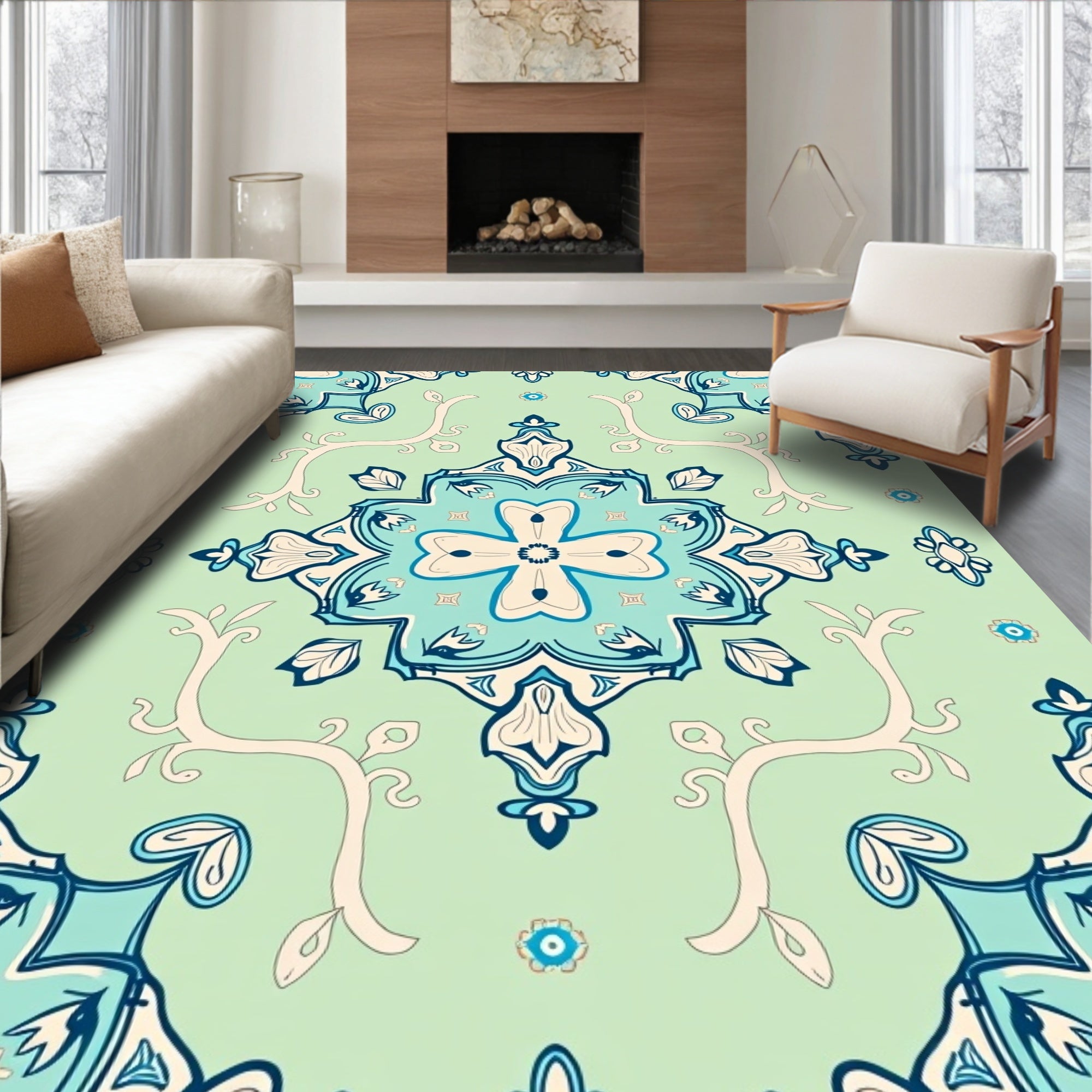 Light Blue Medallion Floral Pattern Rug