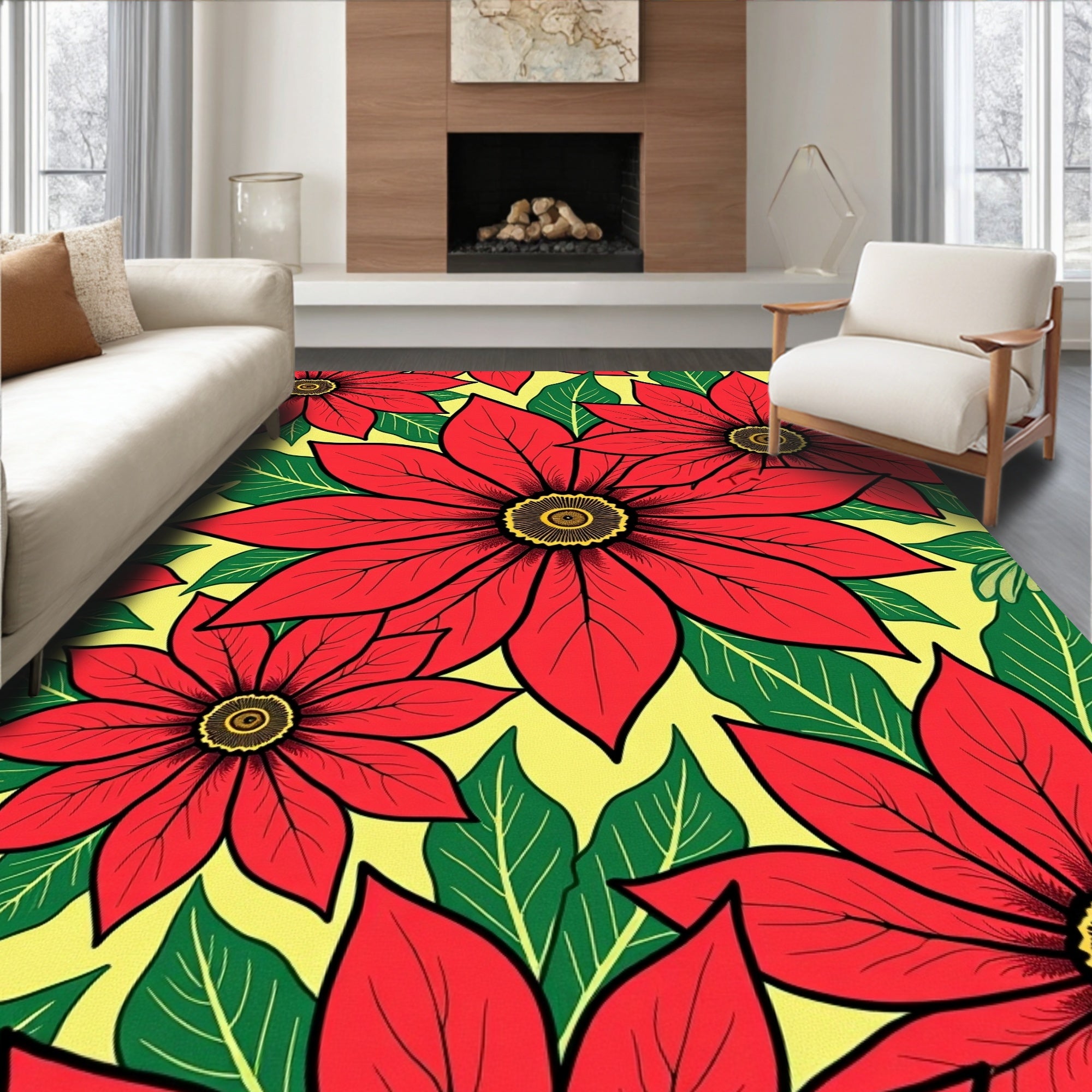 Bold Red Floral Pattern Rug