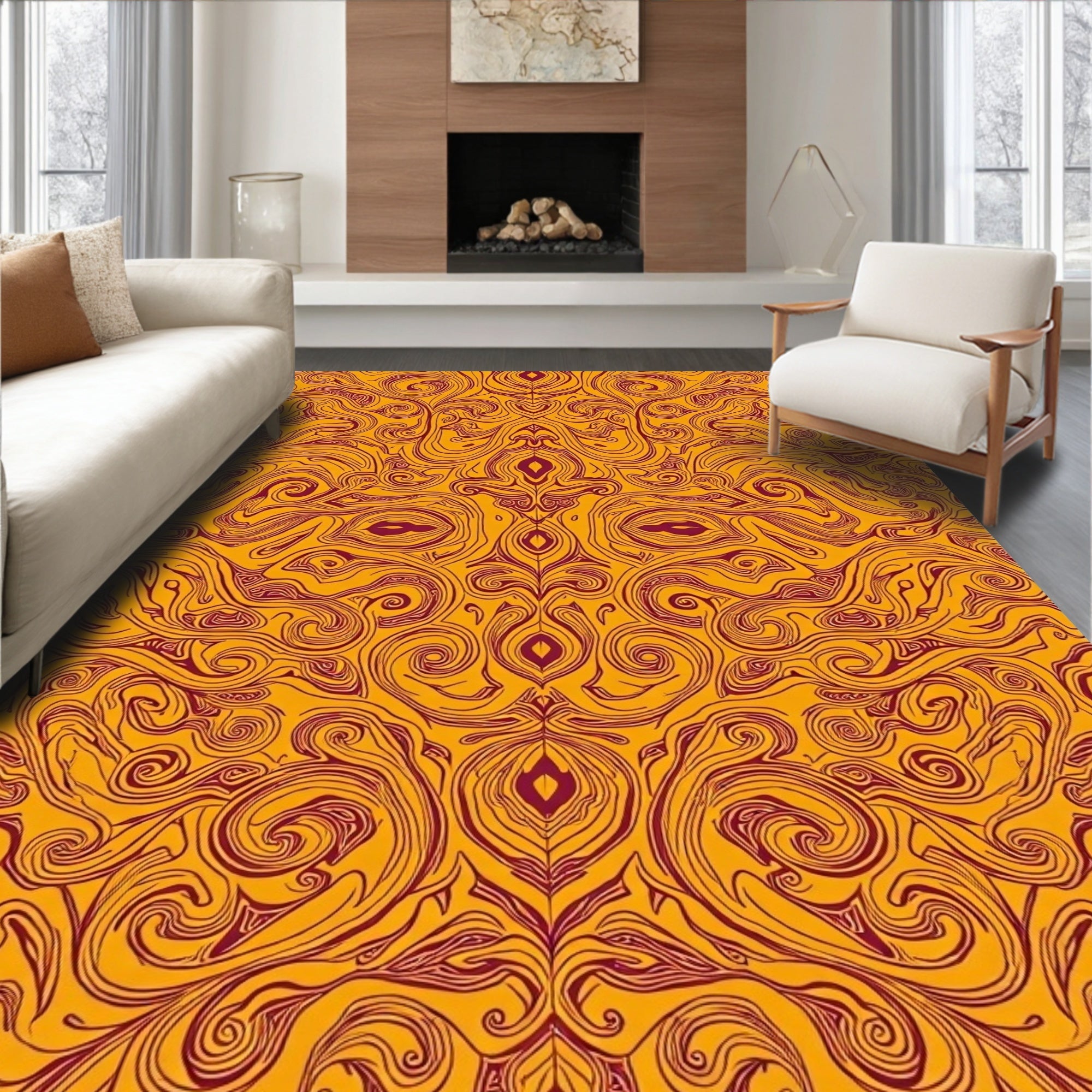 Ornate Swirls Golden Pattern Rug