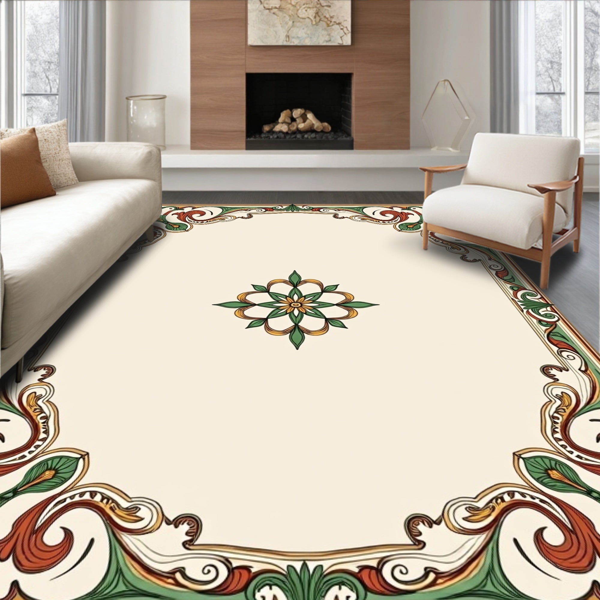 Ornate Floral Scrollwork Border Rug
