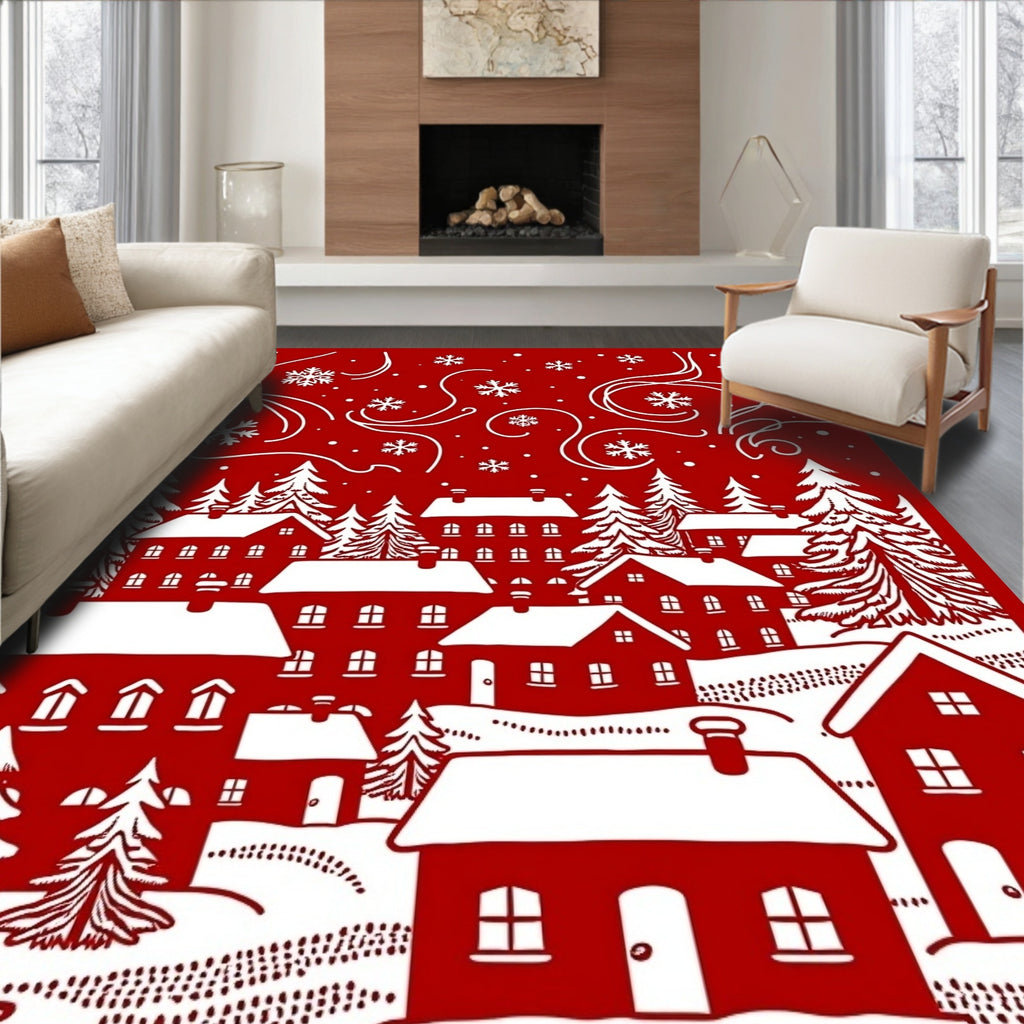 Whimsical Snowy Village Winter Scene Rug