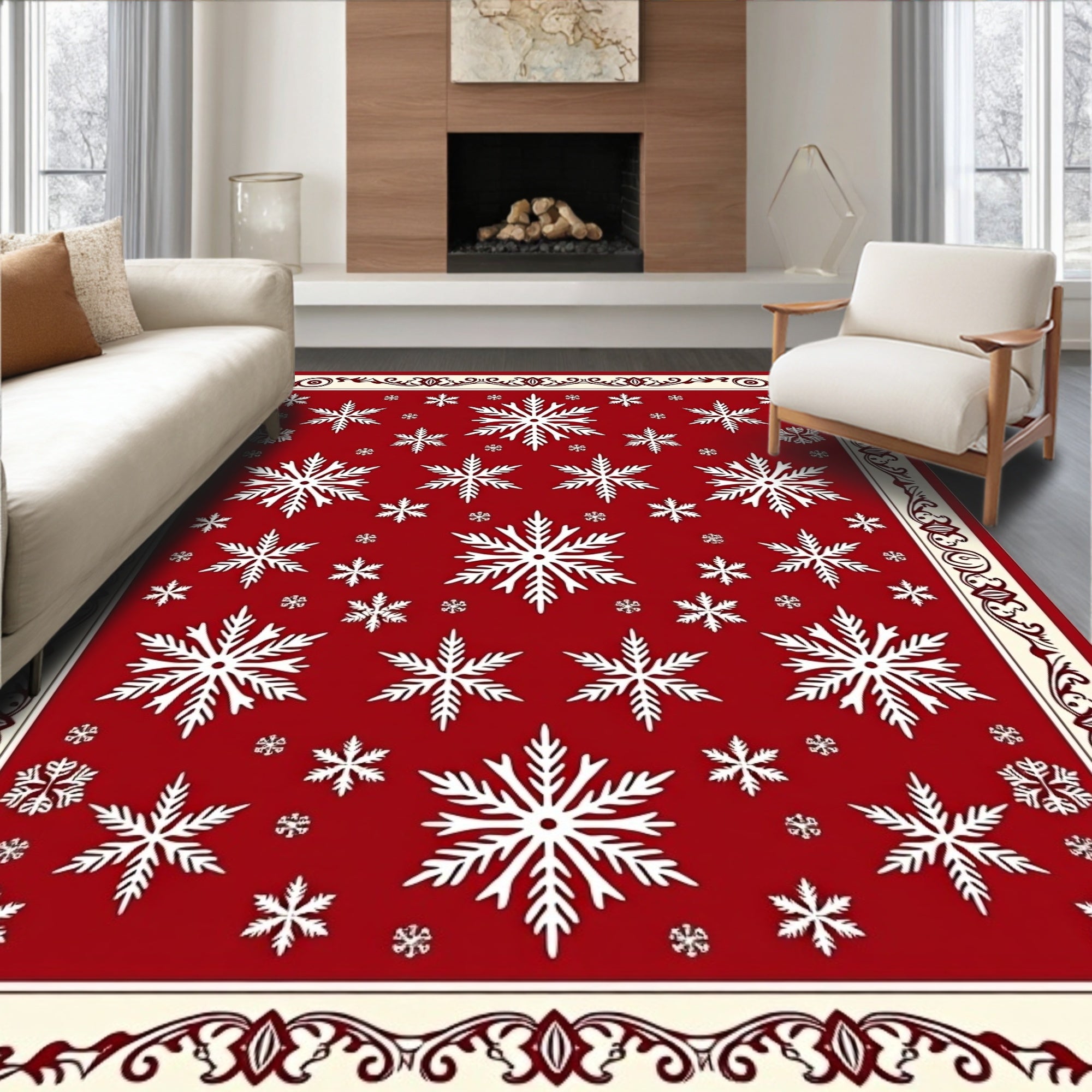 Red Snowflake Patterned Decorative Rug