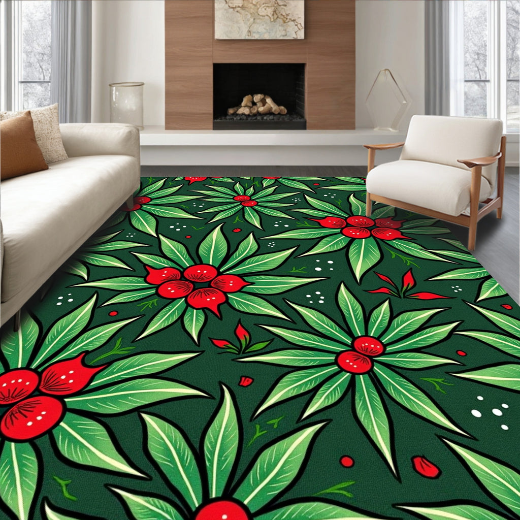 Stylized Red Berry Green Leaf Design Rug