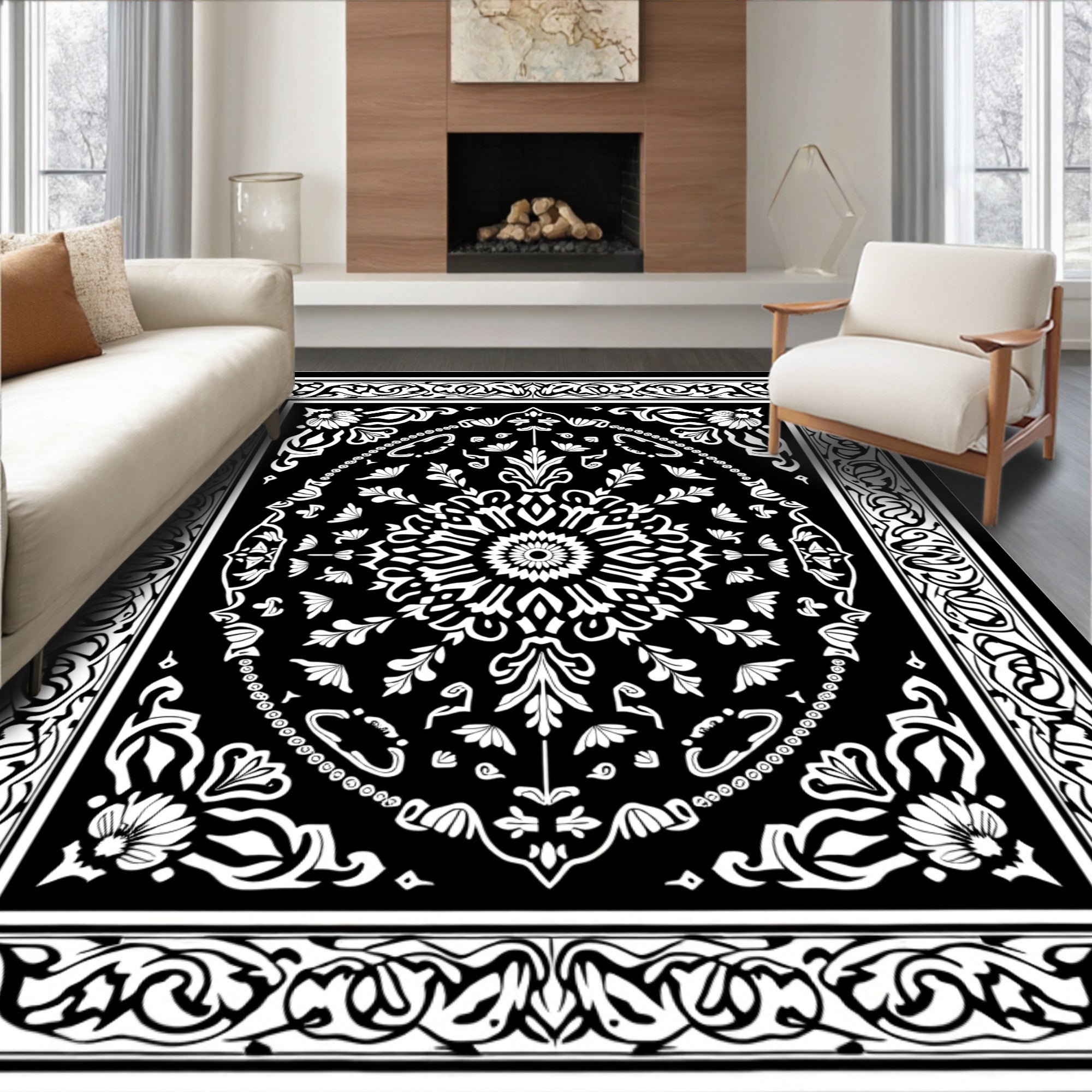 Black White Ornate Floral Mandala Rug