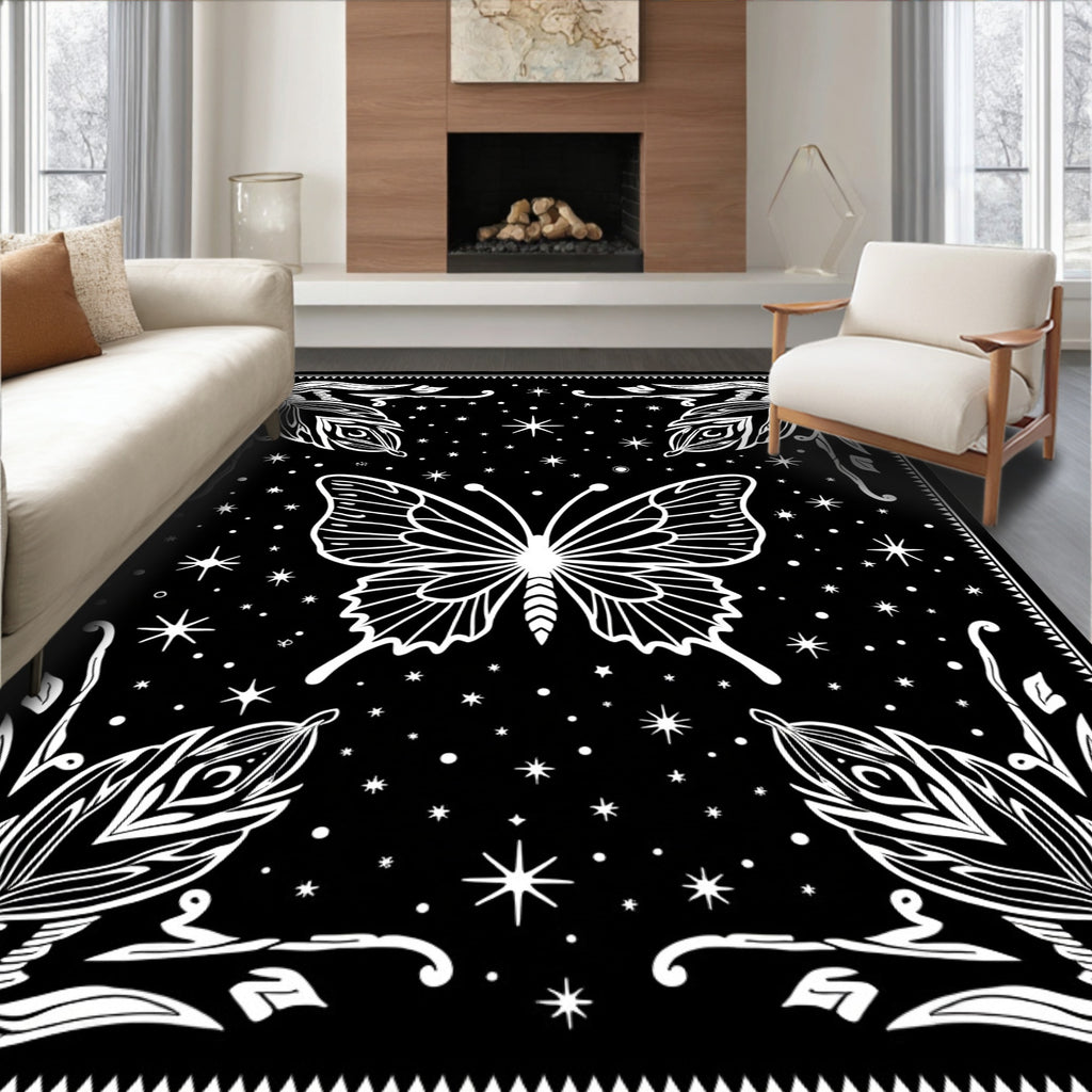 Black White Butterfly Starscape Pattern Rug