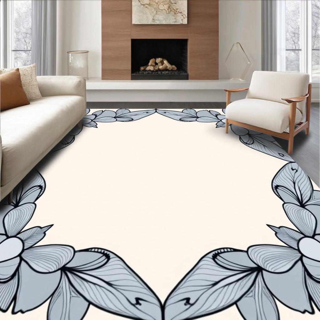 Floral Outline Pastel Border Design Rug