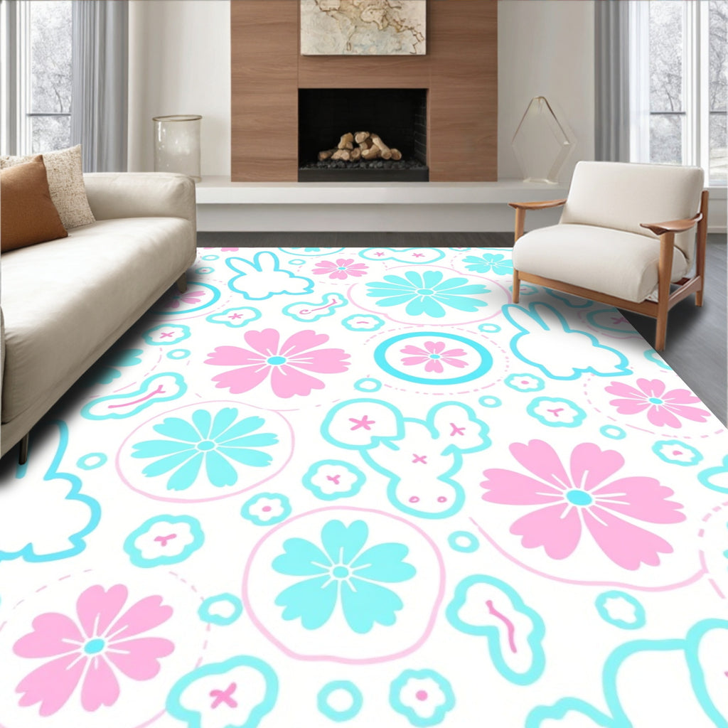 Pastel Bunny Floral Outline Design Rug
