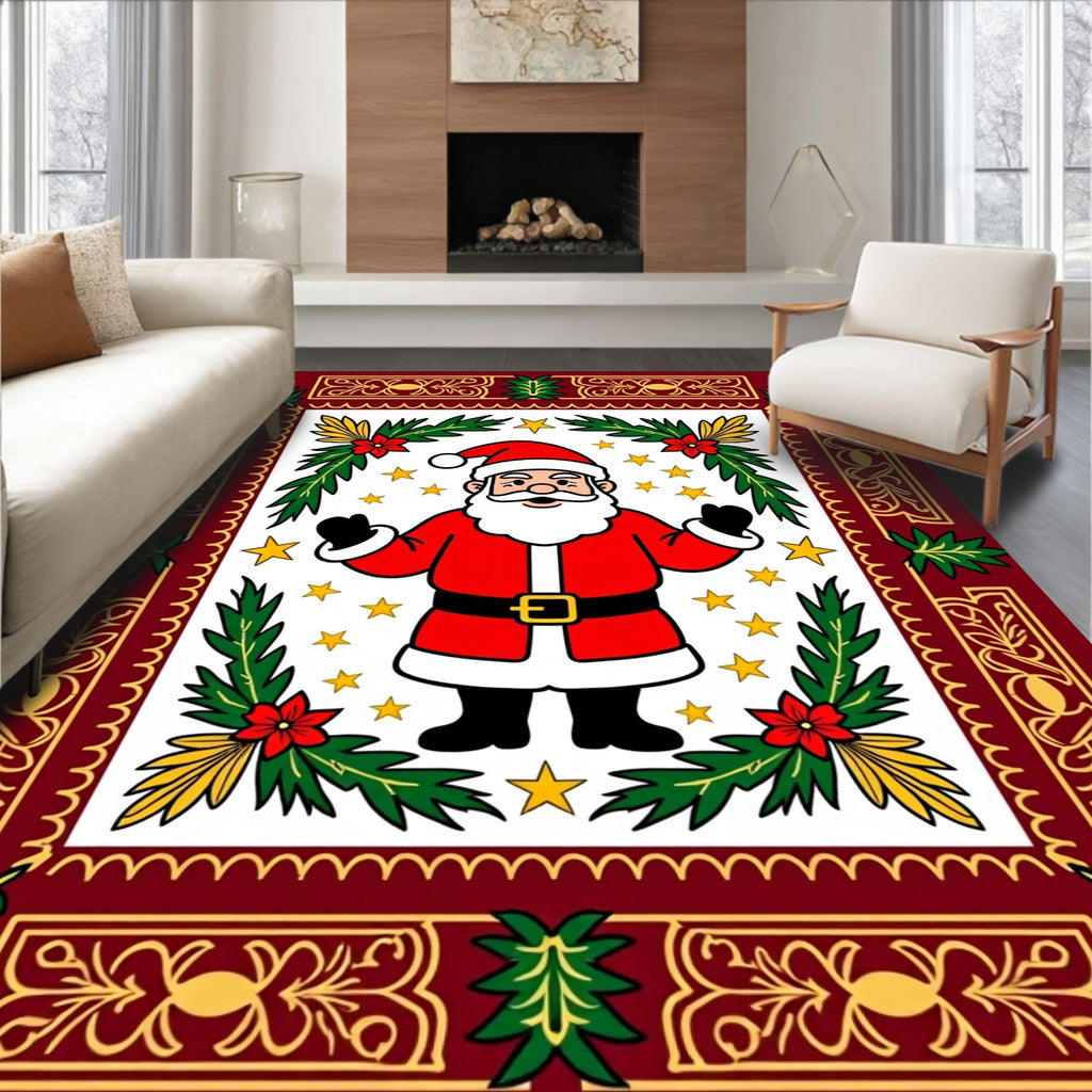 Santa Claus With Festive Stars Pine Design Rug