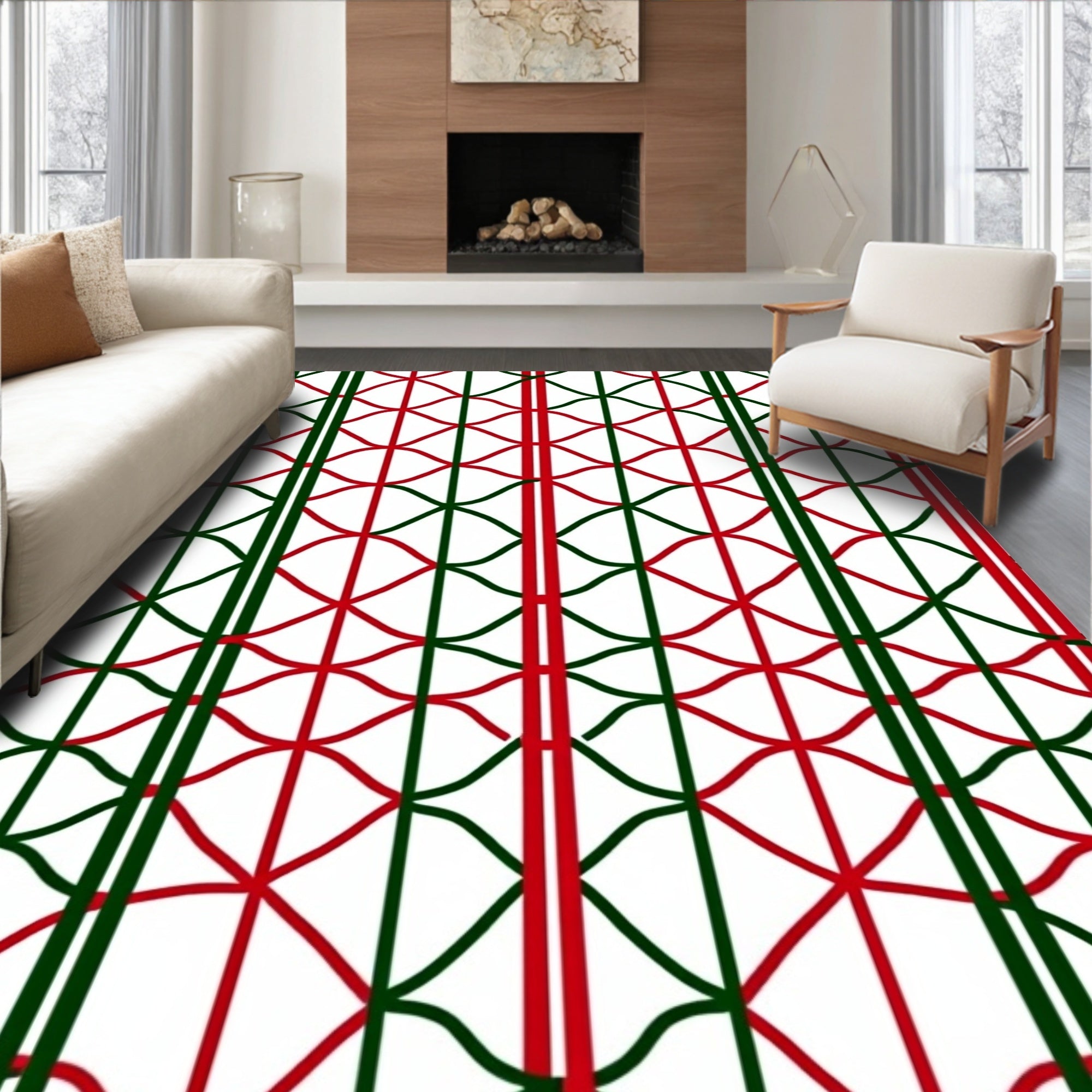 Geometric Wave Red Green Pattern Rug