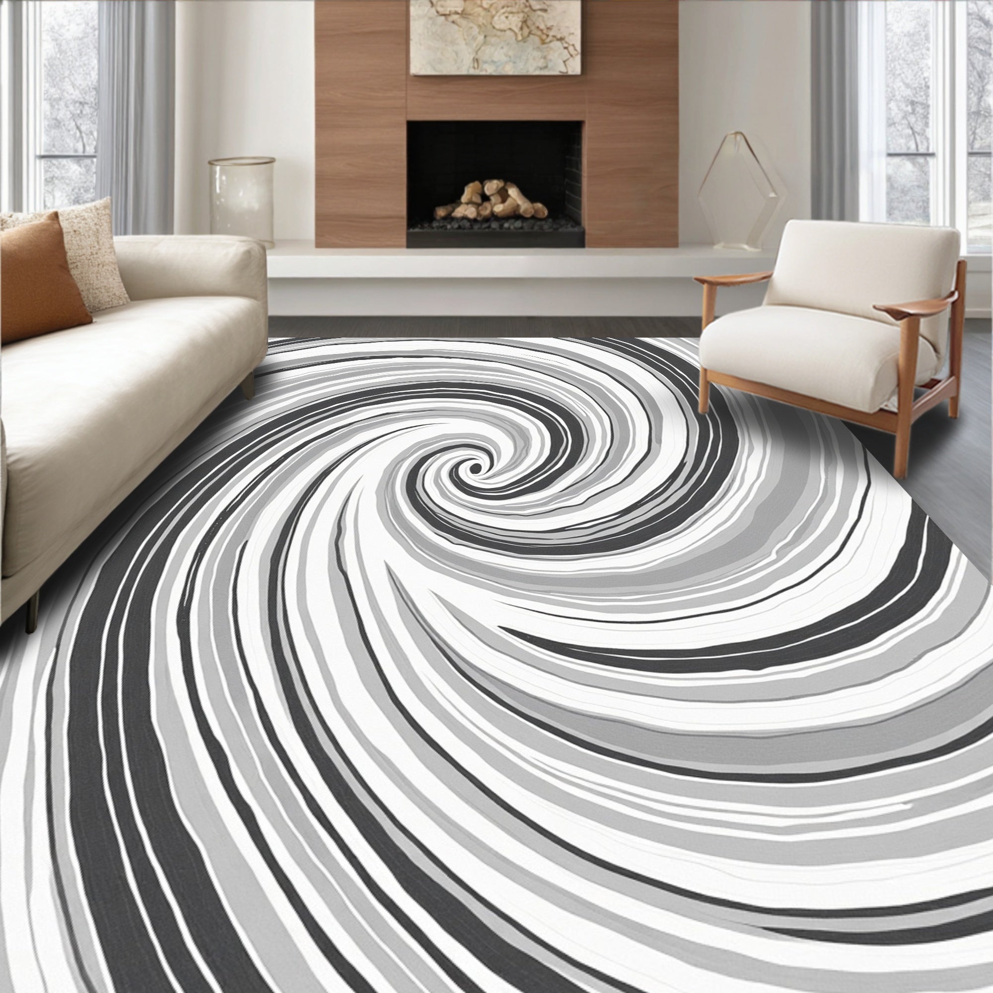Swirling Gray Tone Striped Design Rug
