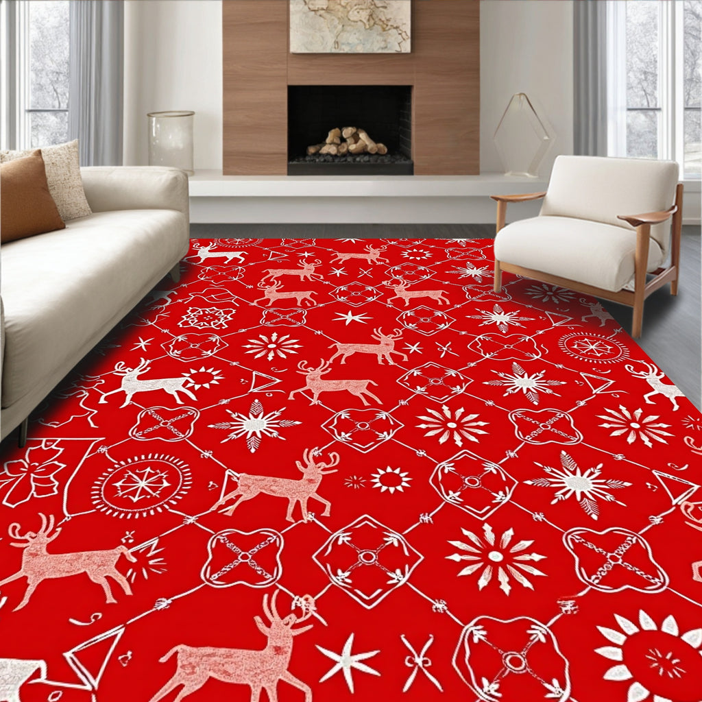 White Reindeer Snowflake Geometric Pattern Rug