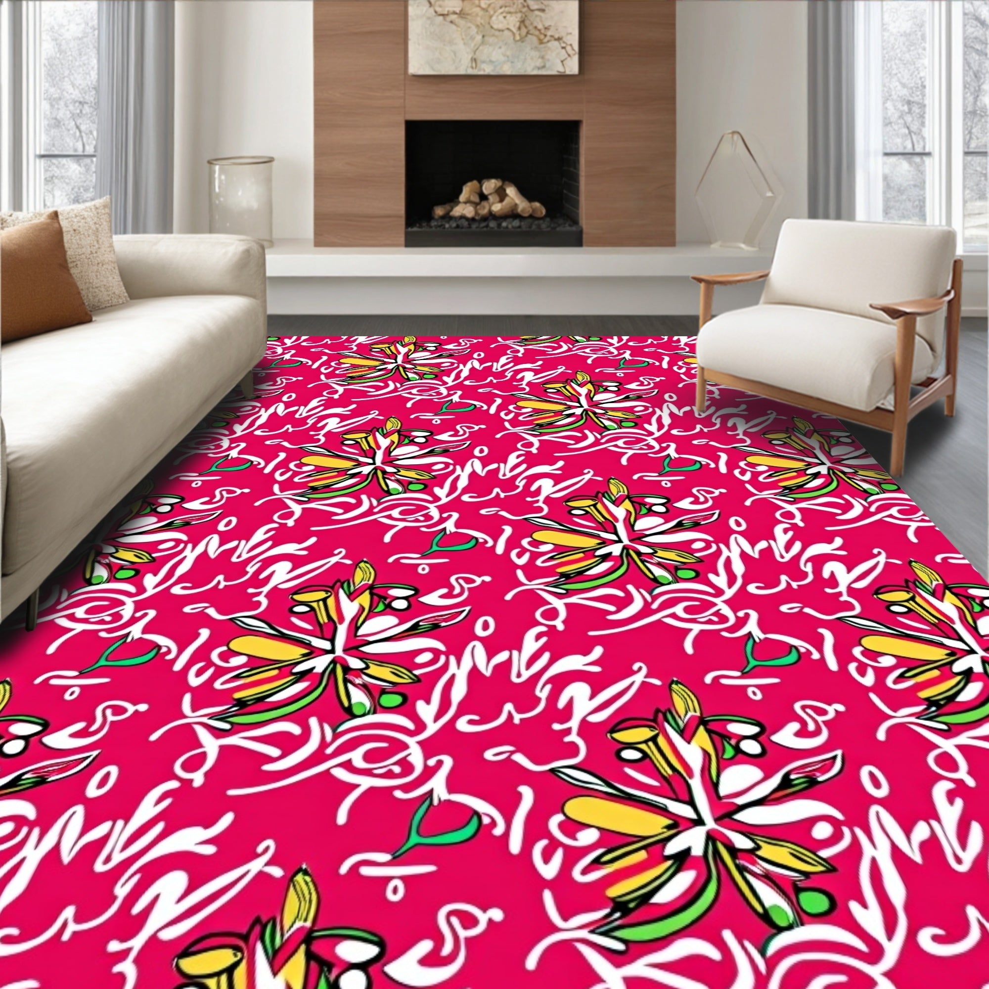 Whimsical Floral Script Pattern Rug