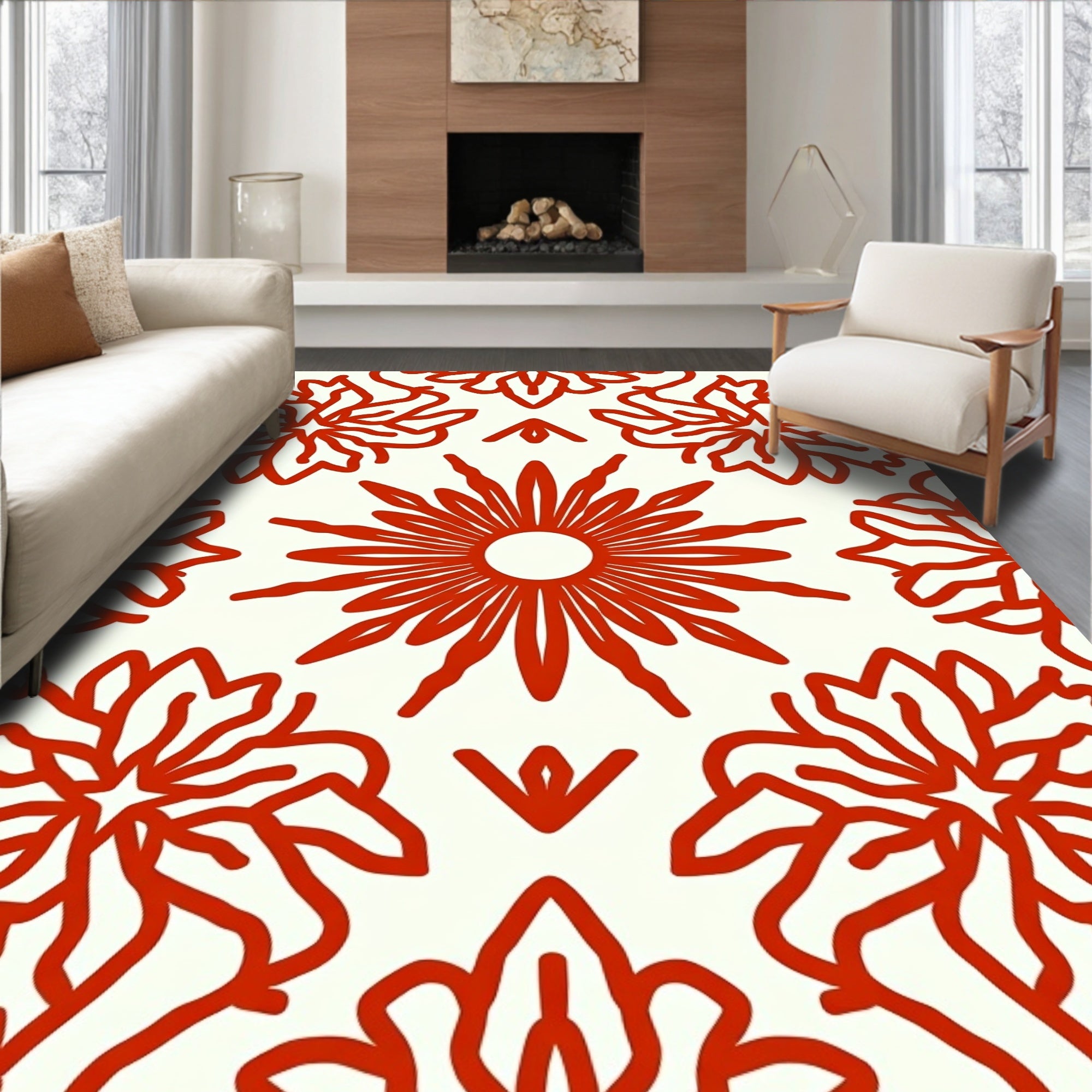 Red Floral Symmetry Patterned Rug