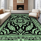 Ornate Floral Medallion Black Green Design Rug