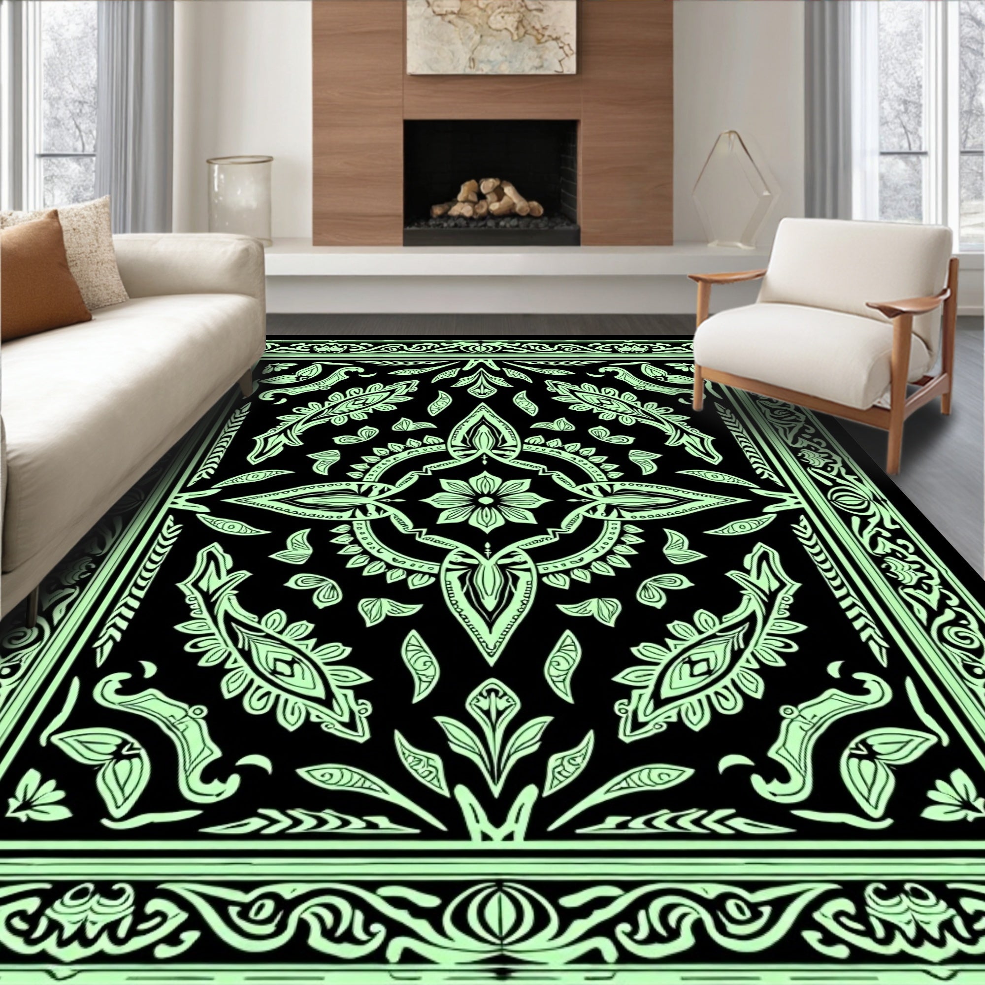 Ornate Floral Medallion Black Green Design Rug
