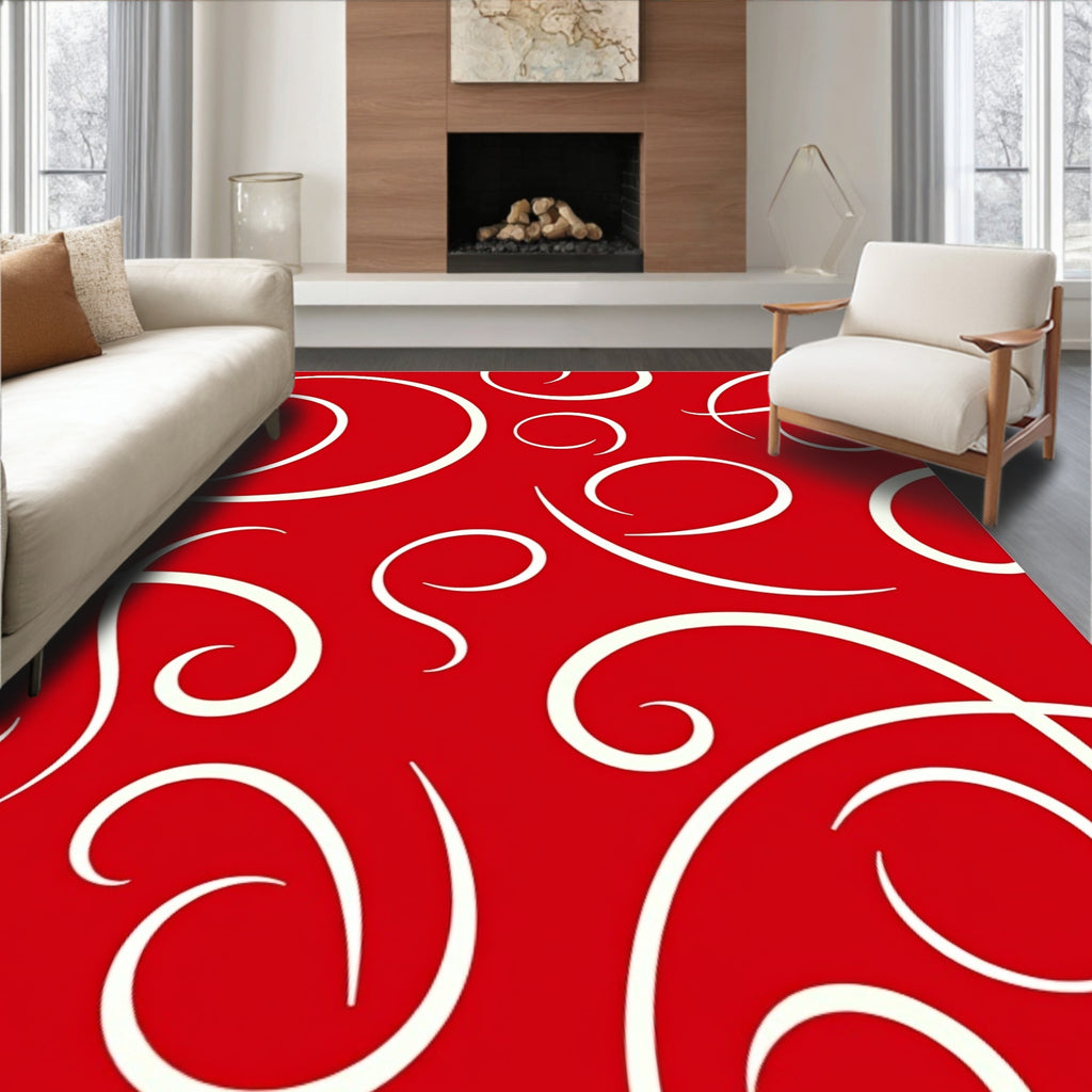 Whimsical Red White Swirl Design Rug