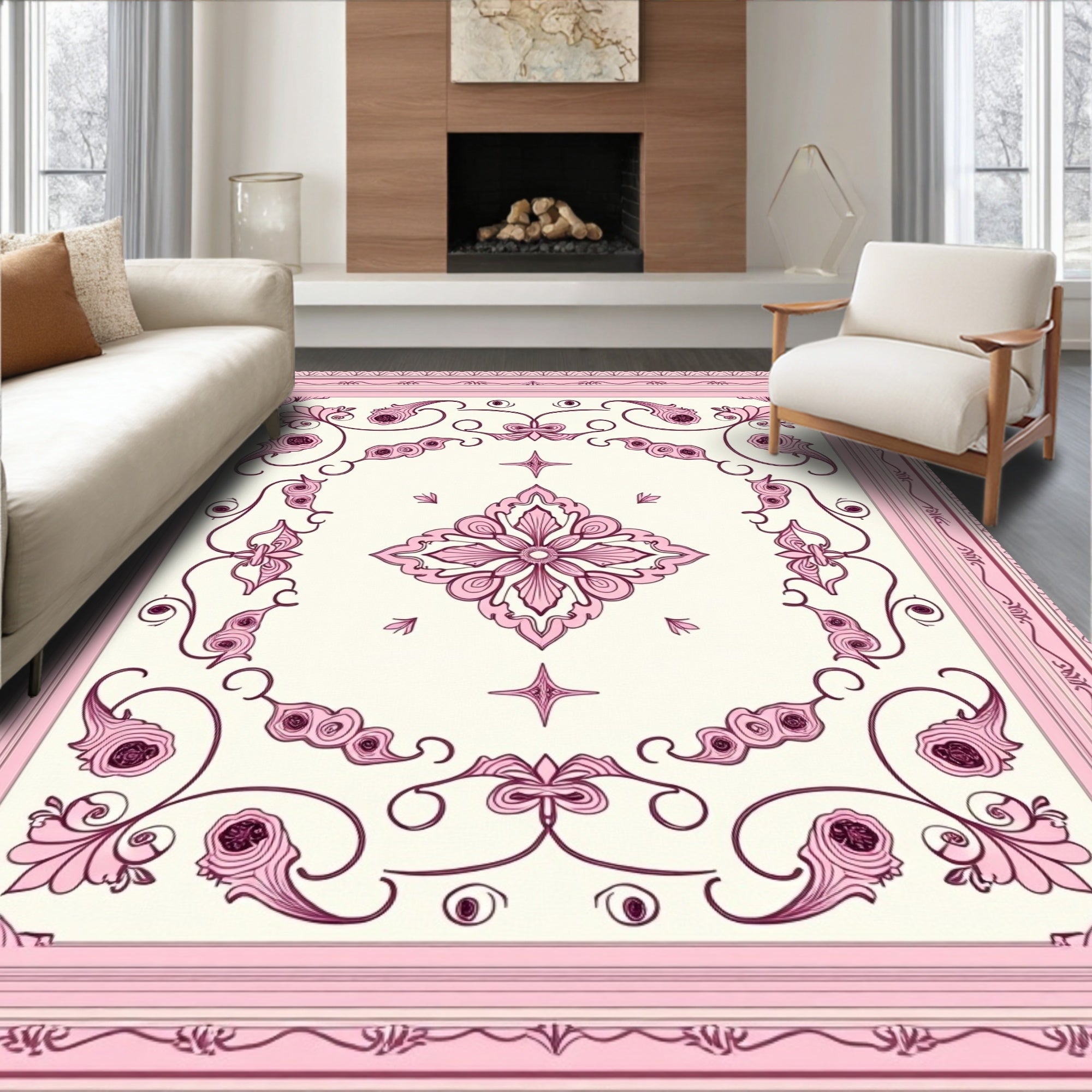 Pink Floral Swirls Borders Rug